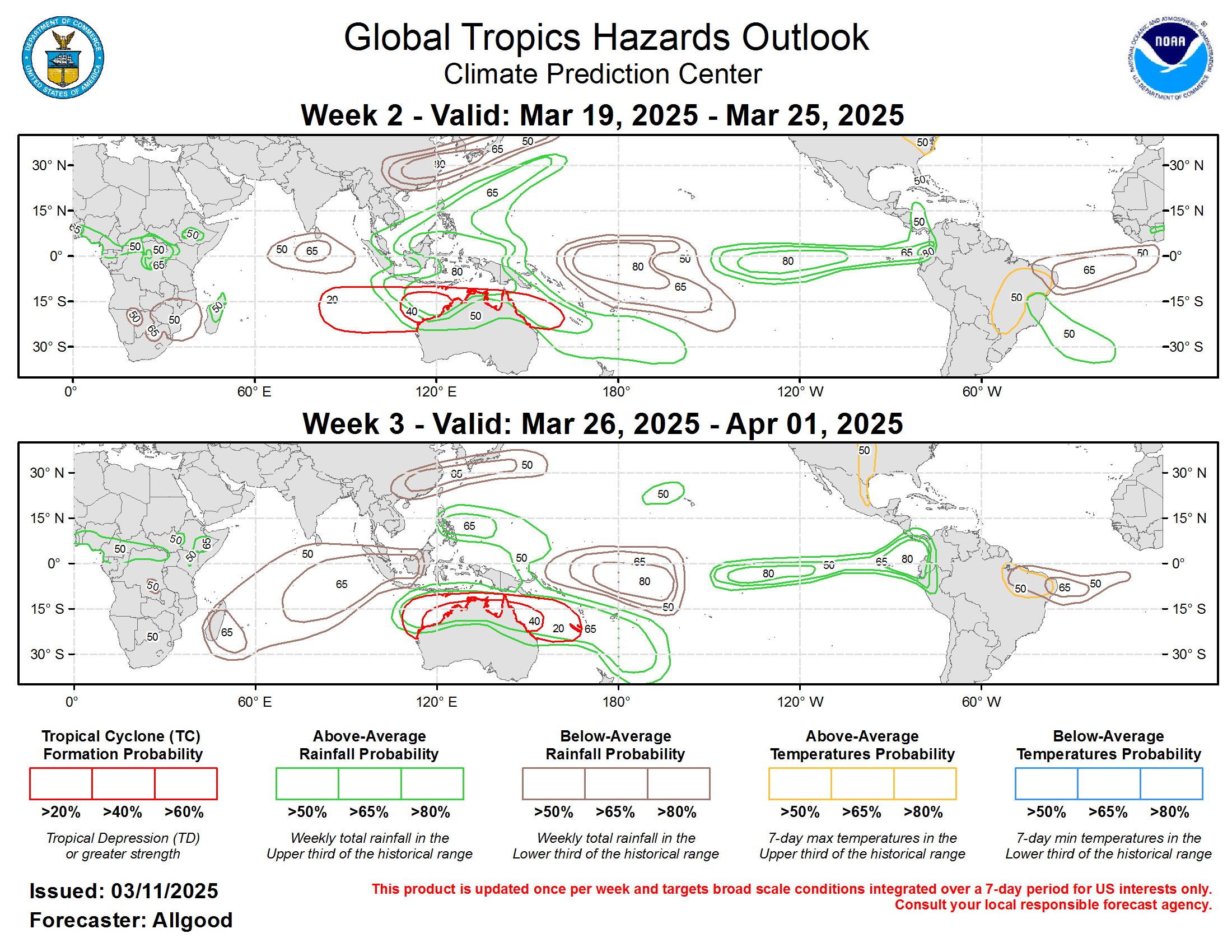 Forecasts for above- and below-average precipitation are based on an analysis of historical MJO activity for phases corresponding to the outlook, which are a Maritime Continent event during Week-2, and a West Pacific event during Week-3. The ENSO base state is also favored to contribute to suppressed rainfall near the equatorial Date Line, while the warm SSTs across the eastern Pacific favor enhanced rainfall, with high probabilities for persistent enhanced rainfall across western South America, which could generate flooding concerns. An active pattern is also favored for much of the Maritime Continent, including Australia following a break during the last week or two. Forecasts across the Western Hemisphere lean more heavily on a skill weighted consensus of dynamical model guidance, as MJO anomalies tend to be weaker in these regions. Forecasts over Africa are made in coordination with CPC’s International Desk. For hazardous weather conditions in your area during the coming two-week period, please refer to your local NWS office, the Medium Range Hazards Forecast produced by the Weather Prediction Center, and the CPC Week-2 Hazards Outlook. Forecasts for above- and below-average precipitation are based on an analysis of historical MJO activity for phases corresponding to the outlook, which are a Maritime Continent event during Week-2, and a West Pacific event during Week-3. The ENSO base state is also favored to contribute to suppressed rainfall near the equatorial Date Line, while the warm SSTs across the eastern Pacific favor enhanced rainfall, with high probabilities for persistent enhanced rainfall across western South America, which could generate flooding concerns. An active pattern is also favored for much of the Maritime Continent, including Australia following a break during the last week or two. Forecasts across the Western Hemisphere lean more heavily on a skill weighted consensus of dynamical model guidance, as MJO anomalies tend to be weaker in these regions. Forecasts over Africa are made in coordination with CPC’s International Desk. For hazardous weather conditions in your area during the coming two-week period, please refer to your local NWS office, the Medium Range Hazards Forecast produced by the Weather Prediction Center, and the CPC Week-2 Hazards Outlook.