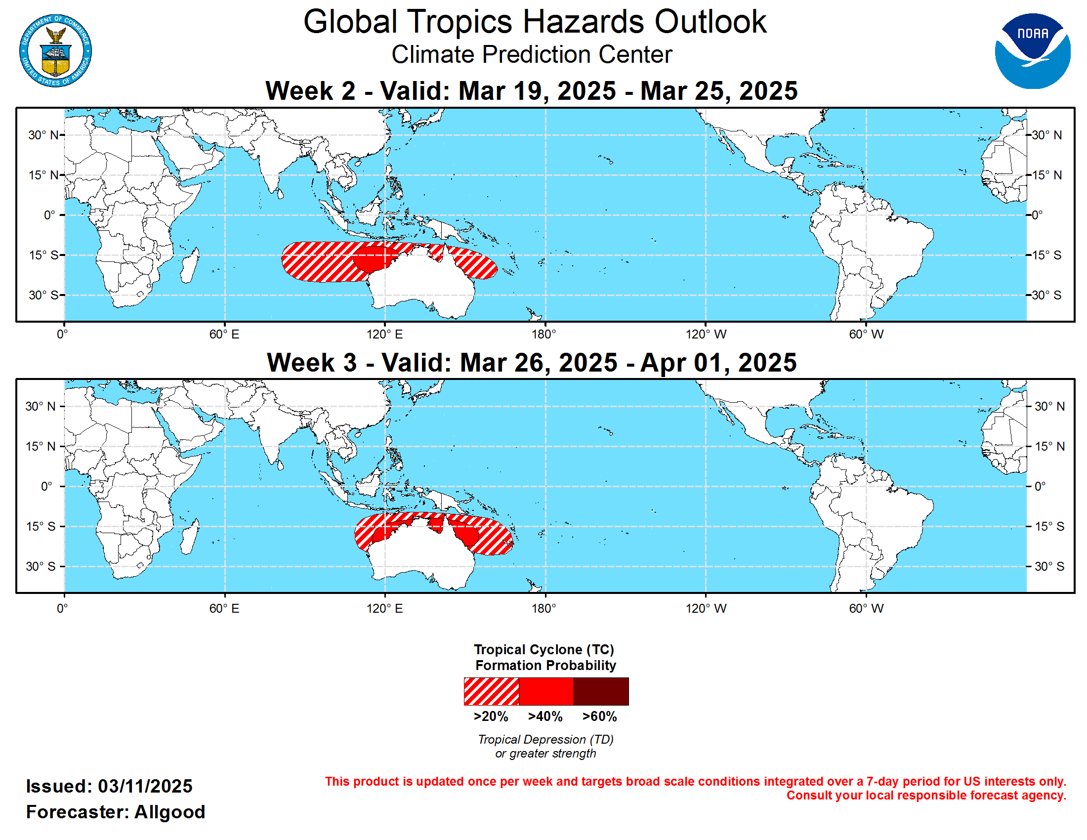 During the past week, the spatial structure of upper-level velocity potential anomalies became increasingly coherent, presenting a Wave-1 structure with eastward propagation of the broad-scale anomaly field. This activity corresponded to an amplification of the RMM-based Madden-Julian Oscillation (MJO) index. Therefore, an active MJO appears to have re-emerged from the chaotic pattern at the end of February, with the enhanced convective phase now centered over Africa. Dynamical model MJO index forecasts depict an amplified signal propagating across the Indian Ocean during Week-1, reaching the Maritime Continent during Week-2, and a more uncertain evolution by Week-3. In addition to this intraseasonal signal, a complex low-frequency base state is also contributing to the global tropical convective pattern. La Nina conditions continue, with below-average SSTs and enhanced trade winds west of 150W. Across the east-central and far eastern Pacific, however, persistent low-level westerlies have resulted in a shallow surface layer of above-average ocean temperatures, more typical of an El Nino event. These above-average SSTs are resulting in enhanced convection along the Equator over the eastern Pacific, extending over western South America and portions of Central America, while suppressed convection remains fixed near the Date Line. This highly unusual ENSO structure is likely to influence the MJO evolution as the enhanced signal reaches the Pacific, and may partly explain the uncertainty in the dynamical model guidance.  Two tropical cyclones formed in the past week over the southern Indian Ocean, continuing a highly active tropical cyclone season for the basin. Tropical Storm Ivone formed on March 8 well east of Madagascar, and has been meandering over open waters during the last several days. No direct impacts to land are anticipated in association with this system. Later on March 8, Tropical Cyclone Jude formed closer to Madagascar, clipping the northern portion of the island and eventually making a second landfall over Mozambique at Category-1 intensity on the Saffir-Simpson scale and bringing widespread wind and flooding impacts. During the outlook period, an area of enhanced favorability for tropical cyclogenesis is forecast to progress from the south-central Indian Ocean to the eastern portion of the basin - the vicinity of northern Australia - during Week-2. The highest probabilities for formation based on historical MJO events and dynamical model guidance exist near the Kimberley Coast and Pilbara Coast of Western Australia. During Week-3, this area of enhanced favorability shifts slightly eastward, with higher probabilities for formation building across the Gulf of Carpentaria and Coral Sea. Development over the northwestern Pacific is also possible, especially during Week-3, but confidence is too low to include a hazard on this outlook. During the past week, the spatial structure of upper-level velocity potential anomalies became increasingly coherent, presenting a Wave-1 structure with eastward propagation of the broad-scale anomaly field. This activity corresponded to an amplification of the RMM-based Madden-Julian Oscillation (MJO) index. Therefore, an active MJO appears to have re-emerged from the chaotic pattern at the end of February, with the enhanced convective phase now centered over Africa. Dynamical model MJO index forecasts depict an amplified signal propagating across the Indian Ocean during Week-1, reaching the Maritime Continent during Week-2, and a more uncertain evolution by Week-3. In addition to this intraseasonal signal, a complex low-frequency base state is also contributing to the global tropical convective pattern. La Nina conditions continue, with below-average SSTs and enhanced trade winds west of 150W. Across the east-central and far eastern Pacific, however, persistent low-level westerlies have resulted in a shallow surface layer of above-average ocean temperatures, more typical of an El Nino event. These above-average SSTs are resulting in enhanced convection along the Equator over the eastern Pacific, extending over western South America and portions of Central America, while suppressed convection remains fixed near the Date Line. This highly unusual ENSO structure is likely to influence the MJO evolution as the enhanced signal reaches the Pacific, and may partly explain the uncertainty in the dynamical model guidance.  Two tropical cyclones formed in the past week over the southern Indian Ocean, continuing a highly active tropical cyclone season for the basin. Tropical Storm Ivone formed on March 8 well east of Madagascar, and has been meandering over open waters during the last several days. No direct impacts to land are anticipated in association with this system. Later on March 8, Tropical Cyclone Jude formed closer to Madagascar, clipping the northern portion of the island and eventually making a second landfall over Mozambique at Category-1 intensity on the Saffir-Simpson scale and bringing widespread wind and flooding impacts. During the outlook period, an area of enhanced favorability for tropical cyclogenesis is forecast to progress from the south-central Indian Ocean to the eastern portion of the basin - the vicinity of northern Australia - during Week-2. The highest probabilities for formation based on historical MJO events and dynamical model guidance exist near the Kimberley Coast and Pilbara Coast of Western Australia. During Week-3, this area of enhanced favorability shifts slightly eastward, with higher probabilities for formation building across the Gulf of Carpentaria and Coral Sea. Development over the northwestern Pacific is also possible, especially during Week-3, but confidence is too low to include a hazard on this outlook.