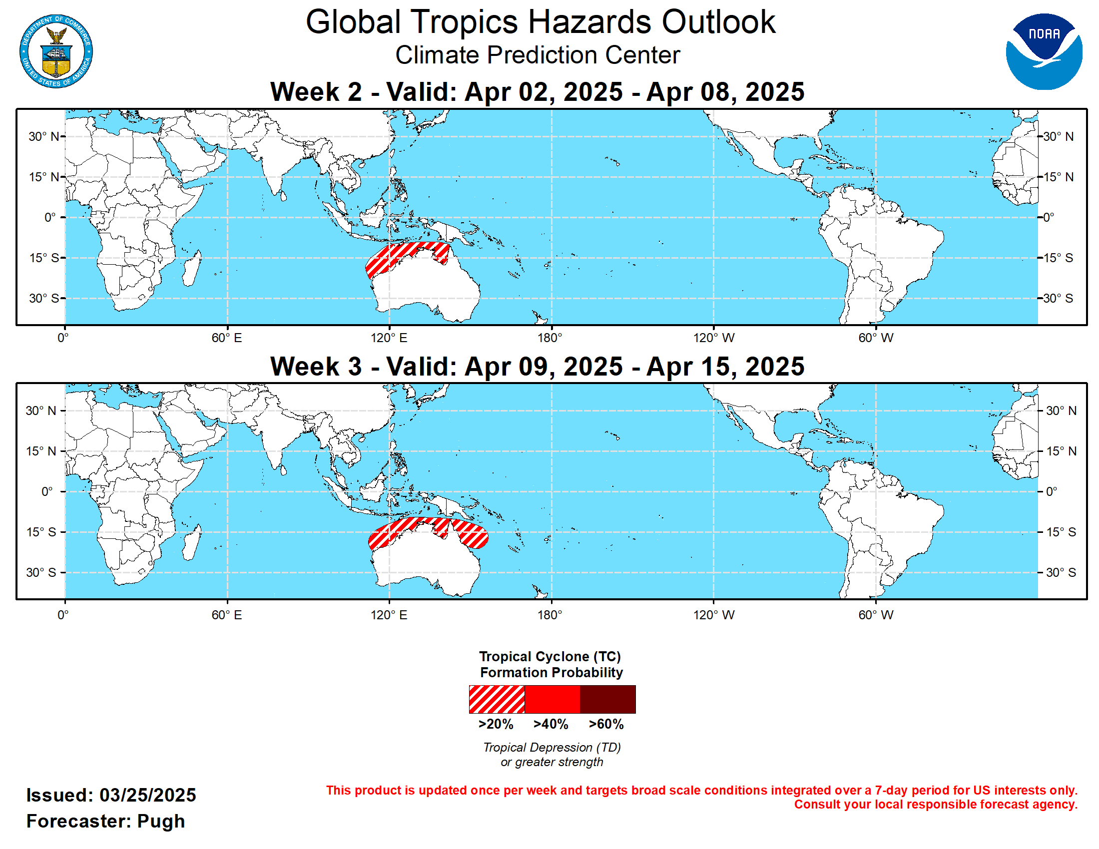 GTH Outlook Discussion Last Updated - 03/25/25 Valid - 04/02/25 - 04/15/25 Based on RMM index observations, the Madden-Julian Oscillation (MJO) propagated rapidly east from the Indian Ocean to the Maritime Continent and West Pacific during mid to late March. Constructive interference between the MJO and the residual La Nina led to the strongest anomalous upper-level divergence over the Maritime Continent (120E) since November 2024. Anomalous upper-level convergence, located from South America eastward to Africa and the western Indian Ocean, is weaker due in part to a Kelvin wave crossing the Western Hemisphere. The dynamical RMM index forecasts feature large spread among GEFS and ECMWF ensemble members due to multiple modes of tropical variability (MJO, Kelvin waves, and La Nina) interact. However, a number of ensemble members, especially the GEFS, depict a continued eastward propagating MJO into the Western Hemisphere during the next two to three weeks. MJO precipitation composites for phases 7, 8, and 1 were considered in the weeks 2 and 3 GTH outlook, valid for April 2 to 15. Although the spatial extent of the suppressed convection recently decreased across the equatorial Central Pacific, a continued La Nina atmospheric response is expected through early April.  During late March, Tropical Cyclone (TC) 27S developed across the southeastern Indian Ocean and is forecast to strengthen as it tracks westward according to the Joint Typhoon Warning Center (JTWC). Prior to the start of week-2, the GFS and ECMWF models are in good agreement that a TC forms near the Kimberley Coast of Australia. From April 2 to 8, enhanced convection coupled with anomalous low-level westerlies support a 20 to 40 percent chance of TC development from the Kimberley Coast east to the Gulf of Carpentaria. By week 3 (April 9 to 15), this elevated chance of TC genesis extends east to include the Coral Sea region. Elsewhere across the global tropics, early April is typically a very quiet time of year for tropical cyclones.