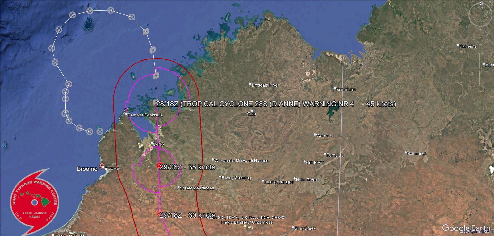 REMARKS: 282100Z POSITION NEAR 16.6S 123.8E. 28MAR25. TROPICAL CYCLONE 28S (DIANNE), LOCATED APPROXIMATELY 137 NM NORTHEAST OF BROOME, AUSTRALIA, HAS TRACKED SOUTHWARD AT 07 KNOTS OVER THE PAST SIX HOURS. ANIMATED ENHANCED INFRARED (EIR) IMAGERY, COMBINED WITH RADAR IMAGERY FROM BROOME, AUSTRALIA REVEAL THAT TC 28S HAS MADE LANDFALL SOUTHEAST OF THE KOOLAND ISLAND AND IS FORECAST TO CONTINUE TRACKING SOUTHWARD. SURFACE PRESSURE AND WIND DIRECTION OBSERVATIONS SUPPORT THE ASSESSED POSITION AS WELL. TC DIANNE WILL MAINTAIN 40-45 KTS INTENSITY FOR THE NEXT SIX HOURS, BUT IS FORECAST TO START WEAKENING MORE RAPIDLY ONCE IT PASSES SOUTH OF THE KING SOUND. TC 28S WILL FULLY DISSIPATE OVER LAND BY TAU 24, AFTER WHICH THE REMNANTS OF THE VORTEX WILL TRACK SOUTHEASTWARD AND FURTHER INLAND. THIS IS THE FINAL WARNING ON THIS SYSTEM BY THE JOINT TYPHOON WRNCEN PEARL HARBOR HI. THE SYSTEM WILL BE CLOSELY MONITORED FOR SIGNS OF REGENERATION. MINIMUM CENTRAL PRESSURE AT 281800Z IS 991 MB.