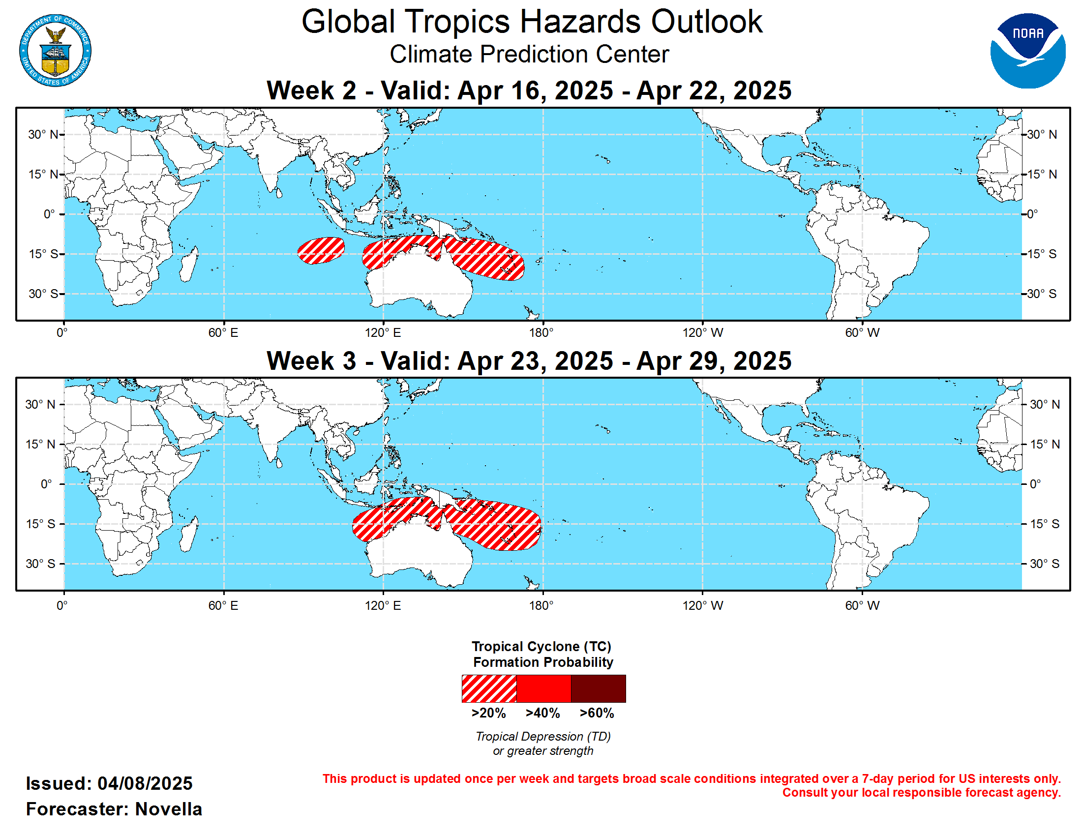 GTH Outlook Discussion Last Updated - 04/08/25 Valid - 04/16/25 - 04/29/25 After the Madden-Julian Oscillation (MJO) entered the Western Pacific last month, RMM observations continue to show the enhanced phase remaining weak while exhibiting an erratic propagation across the basin. This incoherence is likewise reflected in the upper-level velocity potential anomaly observations, which suggest that the MJO has been stymied by other modes of tropical variability, namely strong equatorial Kelvin wave activity, and a pair of low frequency responses in the equatorial eastern Pacific and Maritime Continent associated with a complex base state. This has resulted in multiple envelopes of enhanced divergence aloft over the past few weeks, inconsistent with a canonical MJO pattern.  Looking ahead, RMM forecasts generally favor a signal that quickly circumnavigates the RMM origin at a low amplitude and returns to the Western Pacific during the next week or so. Given the fast phase speed favored, the thinking is that these forecasts are latching onto the aforementioned Kelvin wave activity that eventually relaxes during week-2, which is supported in the objectively wave filtered OLR and upper-level velocity potential forecast fields from the dynamical models. Unlike the RMM perspective, these filtered fields depict an MJO envelope that stays dormant within the Eastern Hemisphere on the near term, before resuming a more canonical eastward propagation across the Western Pacific and Western Hemisphere, with much of the enhanced divergence aloft being expressed south of the equator during the next several weeks (likely due to the suppressed convective La Nina footprint north of the equator in the central Pacific). As the main MJO envelope begins to overspread the Western Hemisphere in the velocity potential forecasts, there is some model support for a better defined wave-1 pattern taking shape towards the end of April. This potential for reorganizing subseasonal activity is also evidenced in the RMM forecasts at the extended leads, where there are a growing number of ensemble members in the GEFS and CFSv2 favoring a high amplitude event by the week-3 timeframe. Therefore, the updated outlook is not ruling out a more coherent MJO unfolding later this month, but there remains a good deal of uncertainty given the ongoing multiple modes of tropical variability and their associated convective responses. There is also low confidence in the outlook for Tropical Cyclone (TC) development amidst a quiet background climatology, especially during late April.  No TCs formed during the past week. Within a band of anomalous lower-level westerlies that is favored to develop south of the equator from approximately 95E to 160E during week-1, probabilistic TC genesis tools continue to feature increased chances of formation to the north of Australia. While TC development appears most likely in the Timor Sea during week-1 based on these tools, the persistence of lower-level westerlies would support additional development to the north of Australia and into the South Pacific where 20% chances are highlighted for week-2. A secondary 20% area for TC development is also posted for week-2, centered near 95E in the southern Indian Ocean given increased support in the guidance for a deepening low late in week-1. For week-3, late April marks the climatologically quietest time of the year for TC activity throughout the global tropics, with genesis becoming more limited over the southern Indian Ocean, southern and western Pacific. While this would favor no TC areas being posted, 20% chances are again issued to the north of Australia and into the South Pacific based on continued elevated signals in the probabilistic TC genesis tools over the basin. 20% chances were also considered for the northwestern Pacific, however, guidance suggests the mean shearing environment not being as favorable north of the equator towards the end of April, with better support for genesis in the basin after the start of May.