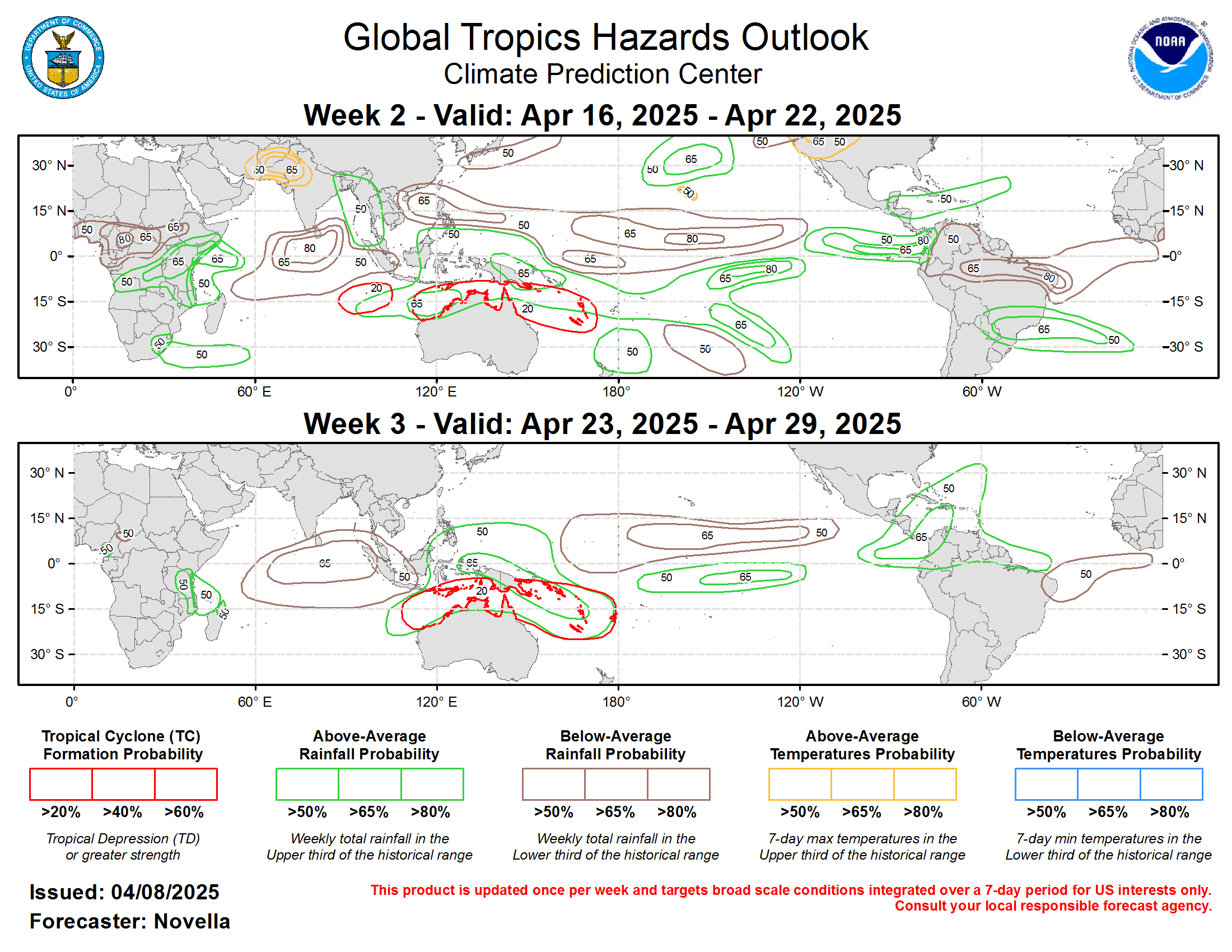 Forecasts for enhanced and suppressed precipitation are mainly based on a consolidated skill weighted blend of GEFS, CFSv2, and ECMWF ensemble systems, anticipated TC tracks, with less reliance on seasonal MJO and ENSO composites for Mar-May due to uncertainty with evolving subseasonal activity, and the unusual base state, respectively. Above-normal temperatures are favored over parts of Afghanistan, Pakistan and northwestern India, with daytime maximum temperatures possibly exceeding 100 deg F during week-2. While cooler, above-normal temperatures are also favored for Hawaii and parts of the Great Basin of the contiguous United States (CONUS). Forecasts for Africa are made in coordination with the CPC International Desk. For hazardous weather concerns in your area for the next two weeks, please refer to your local NWS office, the Medium Range Hazards Outlook issued by the Weather Prediction Center, and the CPC Week-2 Hazards Outlook.