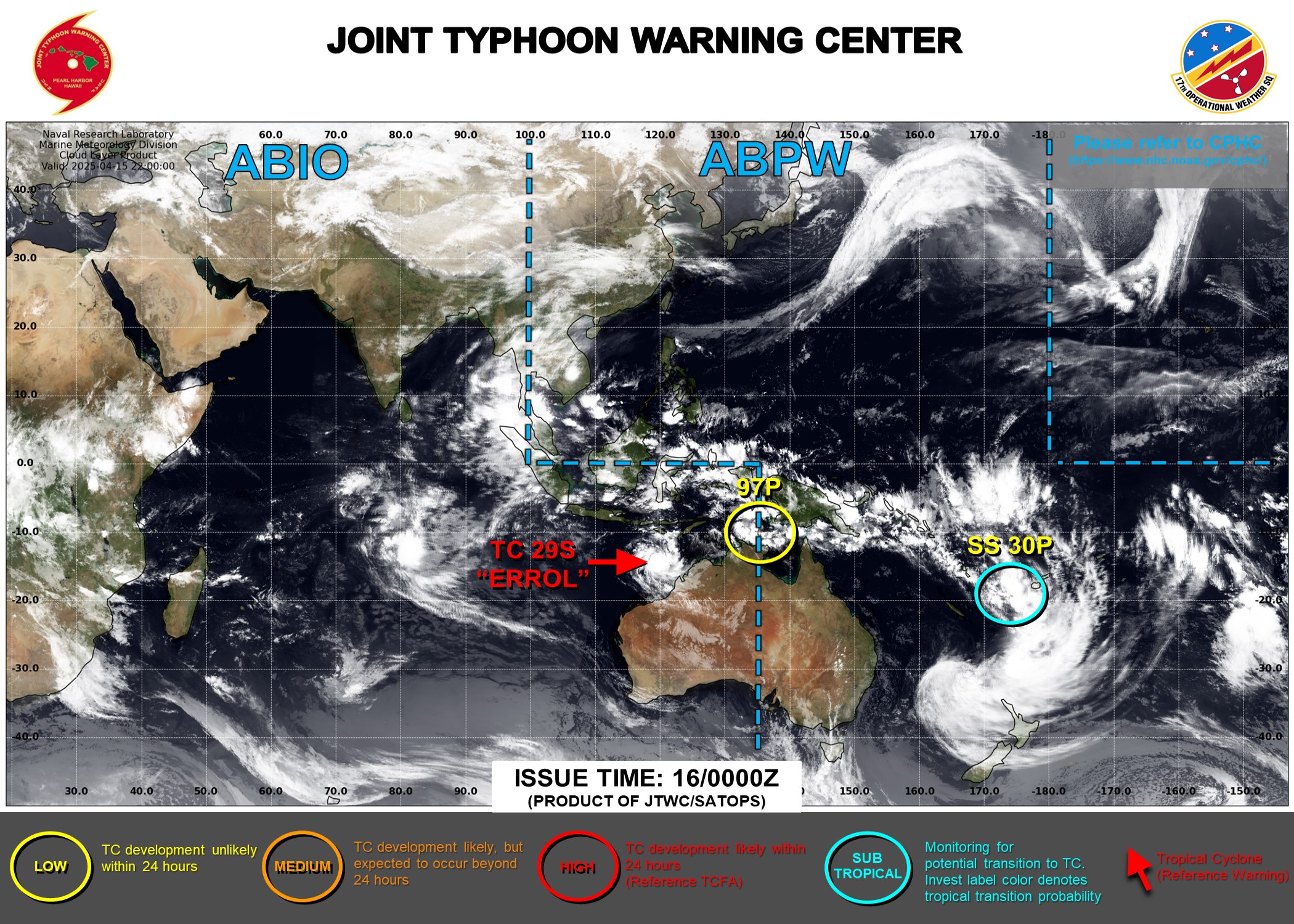 JTWC IS ISSUING 6 HOURLY WARNINGS AND 3 HOURLY SATELLITE BULLETINS ON TC 29S(ERROL). 3 HOURLY SATELLITE BULLETINS ARE ISSUED ON SUBTROPICAL STORM 30P.