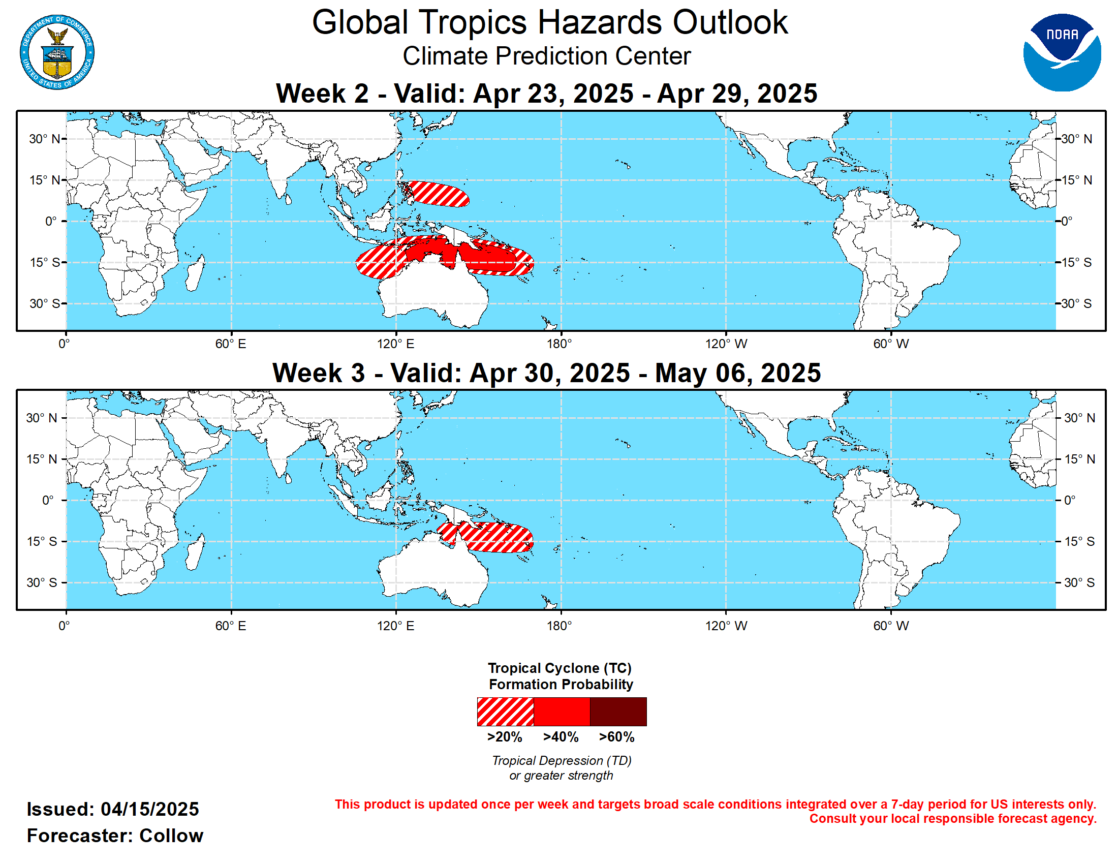 GTH Outlook Discussion Last Updated - 04/15/25 Valid - 04/23/25 - 05/06/25 The Madden Julian Oscillation (MJO) has been inactive since late March with the RMM-based index meandering within the unit circle for the past couple weeks, and a convectively coupled Kevin Wave (CCKW) likely to spread enhanced convection across the eastern Pacific by next week. ENSO-neutral conditions have returned to the tropical Pacific further limiting the tropical forcing. The ECENS and GEFS ensembles indicate a re-emergence of the MJO across the Western Pacific by week-2, but this is more likely tied to an enhanced low frequency convective state developing over the region, with limited eastward propagation. Suppressed convective activity is forecast upstream over the Indian Ocean.  Despite the lack of MJO, and a decreasing climatology for tropical cyclogenesis, tropical cyclone (TC) formation was observed in the southern Indian Ocean and South Pacific during the past week. Tropical Cyclone Errol developed on April 11 over the Timor Sea (11 deg S, 128 deg E) and has been moving southwestward offshore the Kimberley Coast of Australia. Tropical Cyclone Tam formed on April 14 near Vanuatu (15 deg S, 168 deg E) and is tracking southward. Additional TC formations are possible in week-1, with Invests 97P and 99S located over the Gulf of Carpentaria and southern Indian Ocean respectively. By week-2, the increasing MJO signal across phases 6 and 7, along with reduced wind shear, support continued enhanced chances for additional TC development, with a 40-60 percent chance highlighted from the Timor Sea eastward through the Coral Sea. A broader 20-40 percent area stretches from off the northwest Australia coast to Vanuatu. By week-3, climatology wanes significantly, and the MJO may shift more into phases 7 and 8. This would favor reduced confidence for TC formation further west, but continued enhanced TC activity is not ruled out across the Gulf of Carpentaria and Coral Sea where 20-40 percent chances are posted.  Across the western north Pacific, individual GEFS and ECENS ensemble members depict surface low pressure tracking to the east of the Philippines tied to the enhanced convective envelope developing over the region. There is some uncertainty regarding the tropical nature of this system versus frontal influence. However, given the favorable convective environment aloft and support from MJO composites, a 20-40 percent chance for TC formation is highlighted over the area. Similar dynamics may continue into week-3 given the nearly stationary convective envelope. However, the uncertainty combined with the longer lead precludes continuing the 20-40 percent risk area, and this time frame will be reassessed next week.