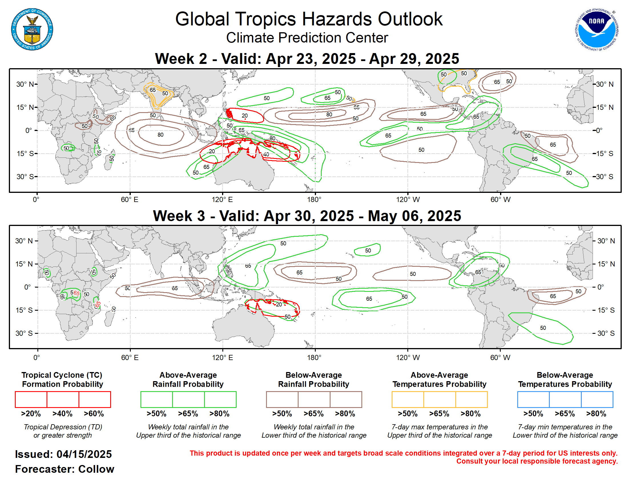 Forecasts for enhanced and suppressed precipitation are mainly based on a consolidated skill weighted blend of GEFS, CFSv2, and ECMWF ensemble systems, anticipated TC tracks, with some consideration of historical MJO composites for Mar-May for phases 6-8. Less emphasis is given to ENSO given the return to neutral conditions. Above-normal rainfall is forecast across the Western Pacific and Maritime Continent, with below-normal rainfall upstream over the Indian Ocean. Surface low pressure across the central Pacific may bring some enhanced rainfall in the vicinity of Hawaii. Above-normal temperatures are favored over parts of India, with daytime maximum temperatures possibly exceeding 100 deg F during week-2. Above-normal temperatures are also predicted across the south-central and southeastern U.S.
