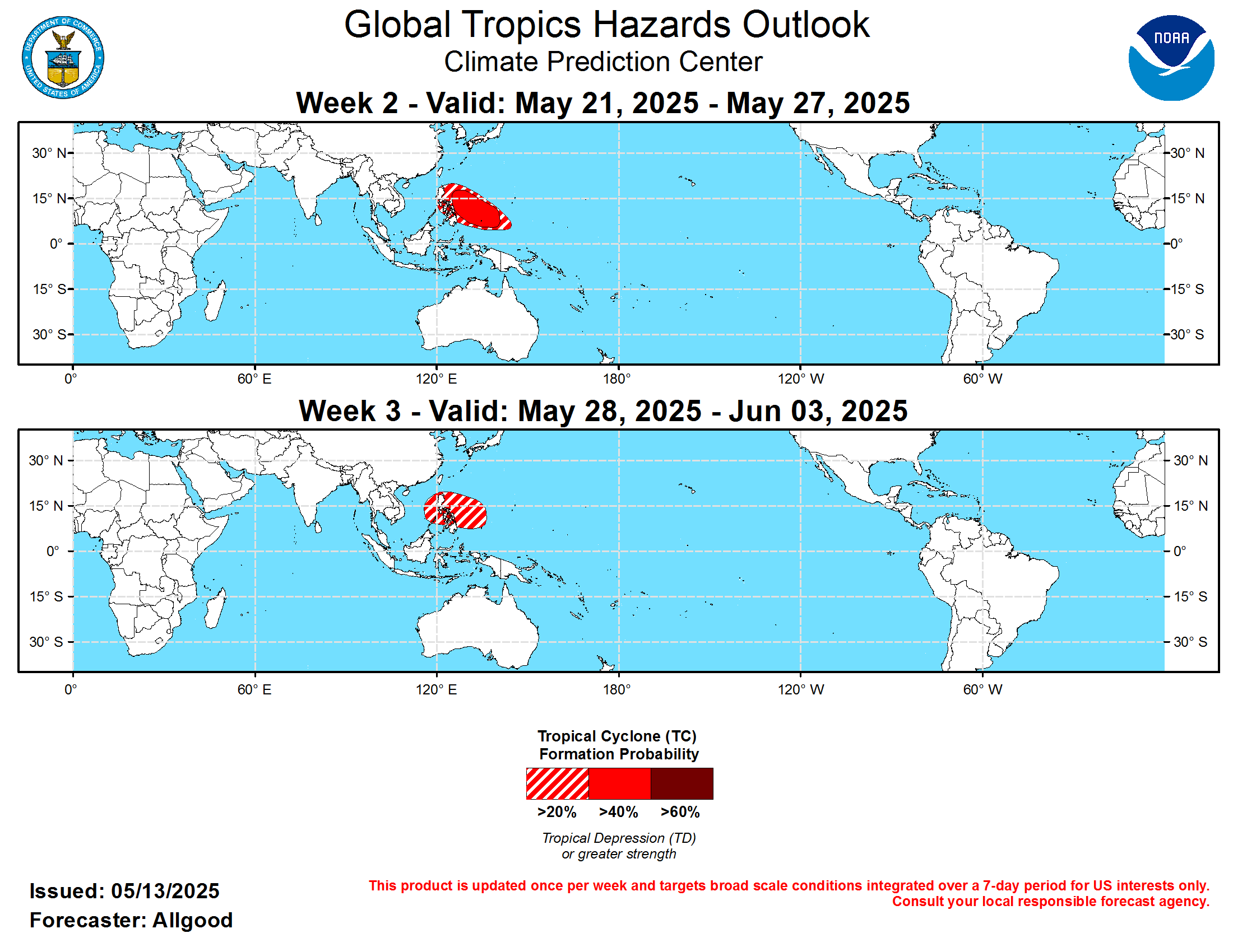 GTH Outlook Discussion Last Updated - 05/13/25 Valid - 05/21/25 - 06/03/25 During the past few days, the spatial structure of upper-level velocity potential anomalies exhibited a coherent Wave-1 structure, consistent with organized intraseasonal MJO activity with an enhanced convective phase centered over the Pacific. This structure has projected well onto the CPC MJO index which is based on the upper-level velocity potential field. Other fields, such as zonal wind anomalies at both the upper and lower levels of the troposphere and the OLR anomalies are less coherent and inconsistent with robust Pacific MJO activity. Additionally, eastward propagation of this upper-level feature has not been established, and it materialized almost instantaneously rather than evolving with robust convection. The RMM-based MJO index remains within the unit circle, reflecting the incoherent pattern overall. Therefore, it is likely that the organized structure in the upper-levels is due more to the superposition of other modes of variability, including Kelvin wave activity crossing the Pacific and Rossby wave activity over the West Pacific and Maritime Continent. Dynamical model MJO index forecasts exhibit considerable spread in their solutions, with the ECMWF generally showing a weak and incoherent evolution, and the GEFS showing a greater potential for more robust MJO evolution, but with significant differences in the placement of the anomaly signatures among the ensemble members. Therefore, with a highly uncertain MJO pattern and ENSO neutral conditions persisting across the Pacific, there are little coherent subseasonal signals present to guide the outlook over the next few weeks.  One tropical cyclone developed during the past week, a late season depression (TD-32P) that briefly formed north of the Gulf of Carpentaria. During Week-2, the potential presence of the monsoon trough as a development source along with good support from dynamical model guidance depicting potential tropical cyclogenesis merits the inclusion of a tropical cyclone formation area in the northwestern Pacific, extending from near the Philippines to just south of Guam. There are some indications that a tropical cyclone formation is possible over the Bay of Bengal; however, the evolution of this potential feature is uncertain, and a monsoon low may develop in the area instead. During Week-3, a 20-percent chance for tropical cyclogenesis continues across the Northwest Pacific. Dynamical model guidance is a bit less supportive of formations overall, but development is still possible, especially early in the period in the vicinity of the Philippines. Elsewhere, potentials remain under 20-percent across the other basins; however, there is a slight potential for development over the East Pacific, should a Kelvin wave passage help weaken the shear over the region and provide a period of enhanced convection.