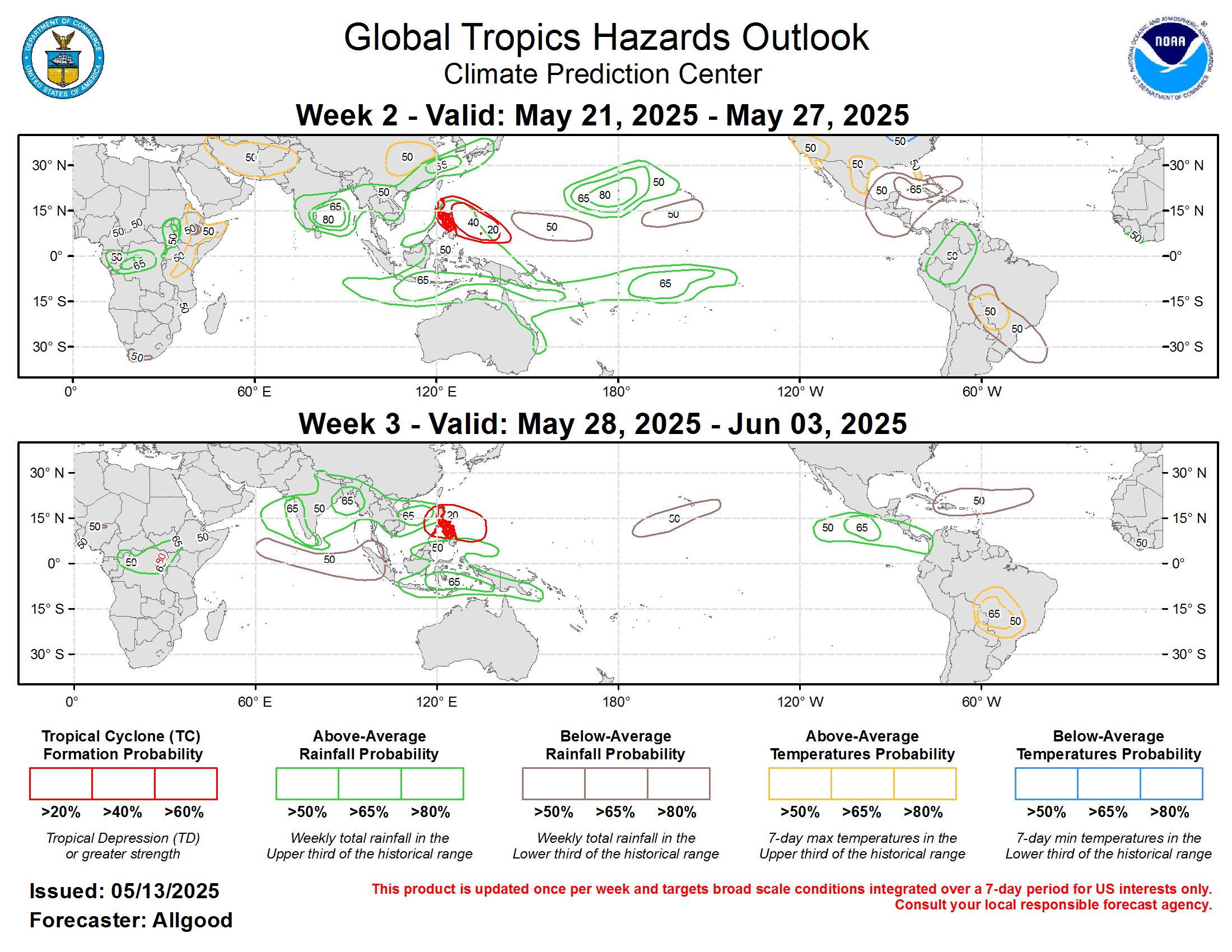 Given the weak seasonal and subseasonal tropical signals, the forecast for above- and below-normal precipitation leans heavily on a skill weighted consensus of operational dynamical model guidance. The strongest remaining low-frequency signal favors persistent enhanced convection across the Maritime Continent, due in part to above-normal ocean temperatures in the vicinity. Dynamical model forecasts generally support a robust onset of the South and Southeast Asia monsoon, with enhanced chances for above-normal precipitation extending during both Week-2 and Week-3 across much of India, the Bay of Bengal, and Southeast Asia. Across the Pacific, enhanced precipitation is favored just northwest of Hawaii, while a drier signal is favored to persist to the south, possibly extending as far north as the Big Island. Suppressed convection is favored during Week-2 across Central America, southern Mexico, and portions of the Caribbean and Gulf of America, with a potential switch towards a wetter signal across the East Pacific basin in Week-3. Temperature outlooks are based on the dynamical model consensus tool, as well as official forecasts for the contiguous United States during Week-2. Notably, enhanced chances for hazardous heat extend across portions of central South America despite the time of year, with maximum temperatures exceeding 35 degrees C on multiple days during the outlook period. For hazardous weather concerns in your area during the next two weeks, please refer to your local NWS office, the Medium Range Hazards Forecasts produced by the Weather Prediction Center, and the CPC Week-2 Hazards Outlook. Forecasts issued over Africa are made in coordination with the International Desk at CPC.
