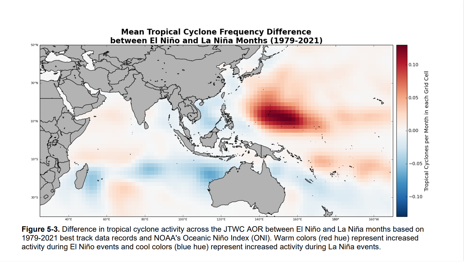 Difference in tropical cyclone activity across the JTWC AOR between El Niño and La Niña months 