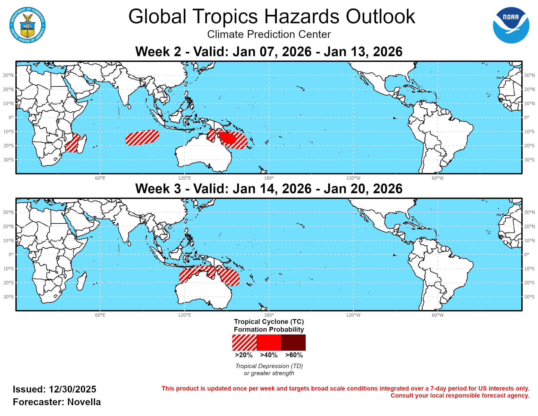 GTH Outlook Discussion Last Updated - 12/30/25 Valid - 01/07/26 - 01/20/26 ﻿The MJO remains quite weak and disorganized based on RMM observations and upper-level velocity potential anomaly fields through late December. Any upticks in RMM amplitude have been brief, as other modes of tropical variability appear to be predominant drivers in the tropics. Consistent with the ongoing La Nina, a region of strongly suppressed convection was observed recently near the Date Line, though other La Nina related anomalies have begun to shift across portions of the equatorial Pacific likely due to other interfering dynamics at play. Specifically, this includes a relaxed trade wind regime east of the Date Line tied to strong equatorial Rossby wave activity over the Pacific, as well as, below normal SST and subsurface temperatures becoming more confined to the eastern Pacific as an eastward expansion of warming ocean temperatures over the Central Pacific suggests ongoing oceanic downwelling Kelvin wave activity.  Looking ahead, RMM forecasts have been consistent in favoring a continuation of the status quo, with little indication of any coherent MJO activity reemerging in the coming weeks. Several ensemble members from the dynamical models place their higher amplitude solutions that span multiple phases in RMM space, which is contributing to high uncertainty in the subseasonal outlook. However, if any reemergence of the MJO were to occur later in January, the western Pacific would appear to be the most likely part of the tropics based on upper-level velocity potential and lower level zonal wind anomaly forecasts. Should this occur, the lower level westerly phase of the MJO would reinforce the aforementioned warming waters over the Central Pacific and help further erode La Nina. Notwithstanding these potential outcomes, the updated outlook relies mostly on the La Nina background state, model guidance, and climatology.  Since 12/24, one Tropical Cyclone (TC) formed in the tropics with one TC remaining active upon forming from the week prior. In the southeastern Indian Ocean, TC Hayley formed on 12/28 over the Timor Sea and intensified to a category 2 strength system where it made landfall over the Dampier Peninsula of northern Australia. The Joint Typhoon Warning Center (JTWC) expects Hayley to dissipate over land, and models show heavy rainfall amounts which may trigger localized flooding over the region during the next few days. After forming on 12/18 near 12S/110W to the south of Java, Indonesia, TC Grant has continued to track westward and steadily gain strength across the southern Indian Ocean. Currently positioned near 14S/78E in the south-central part of the basin as a Category 4 system, the JTWC expects Grant to continue tracking westward steered by a rebuilding subtropical ridge, and experience some fluctuations in intensity later this week. Beyond the official track period, model guidance shows Grant remaining as a closed tropical low as it approaches to the northeast of Madagascar. However the eventual track and strength of Grant remain quite uncertain at this lead. For further updates on this system, please refer to https://www.metoc.navy.mil/jtwc/jtwc.html.  Environmental conditions are expected to remain favorable for additional TC development over the southern Indian Ocean and parts of the South Pacific during the next two weeks. There is good consistency in the ensembles and probabilistic genesis tools favoring formation in the south-central Indian Ocean in the wake of TC Grant, with an increasing potential for development over the Mozambique Channel. Although odds of formation look to be highest during the week-1 period, 20% chances are posted for week-2 over the Mozambique Channel and 20% chances from approximately 80E to 100E given the potential for delayed development in the tools. In the South Pacific, higher chances for TC development are posted (40%) based on good agreement in the ECMWF ensemble and AI based solutions over the Coral Sea. Surrounding this area, 20% chances extend from the Gulf of Carpentaria to near New Caledonia where ensembles maintain a broader area of mean low pressure. North of the equator, there is also some tool support for TC development over the Bay of Bengal and in the South China Sea. However no corresponding shapes are issued as outlook confidence is tempered by a quiet January climatology in these basins. For week-3, extended range probabilistic guidance points to additional development in the southern Indian Ocean and areas north of Australia by mid-January. While the return of coherent subseasonal activity remains uncertain, 20% chances are posted over portions of the southeastern Indian Ocean and the South Pacific where anomalous lower-level westerlies are favored to persist with more enhanced divergence aloft in the GEFS and ECMWF ensembles over this part of tropics.