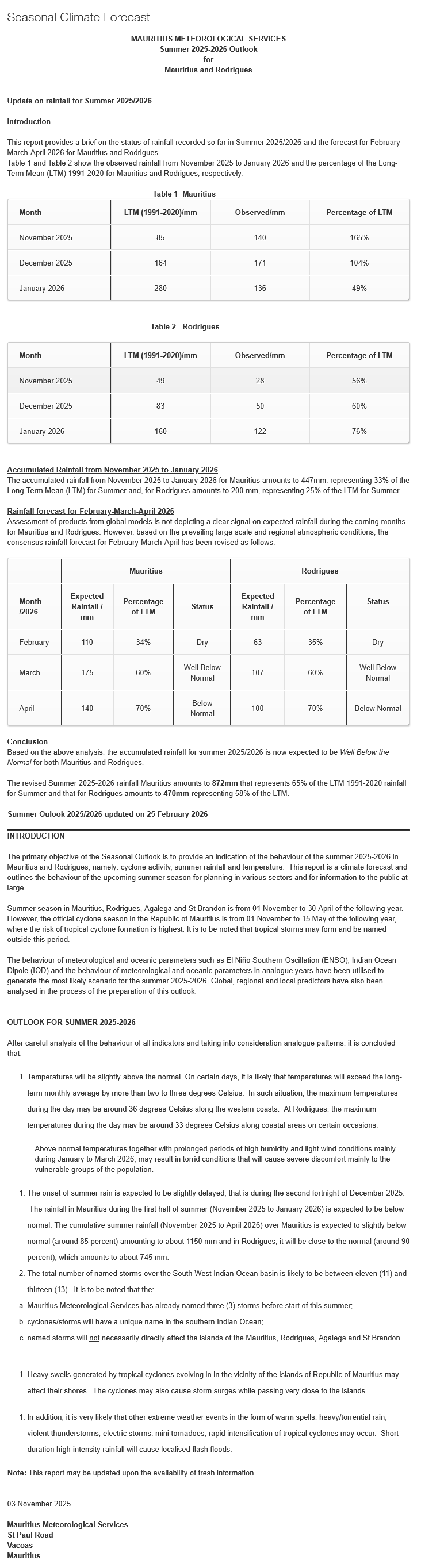 Pluviométrie pour la saison estivale 2025/26  à MAURICE et à RODRIGUES, update le 27/02/26