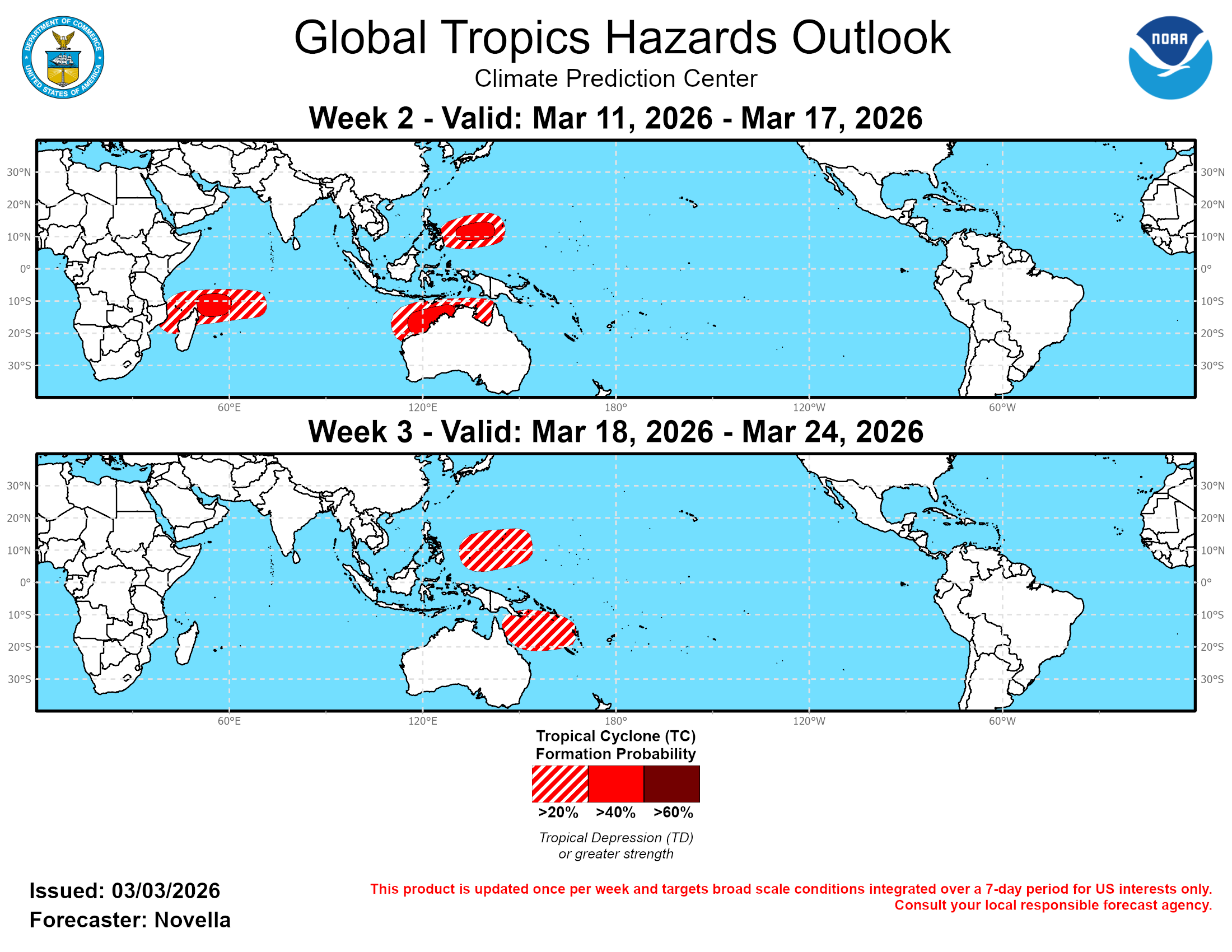 GTH Outlook Discussion Last Updated - 03/03/26 Valid - 03/11/26 - 03/24/26 The MJO became more coherent during the past week. Based on the latest observations, both the enhanced and suppressed upper-level divergence envelopes grew more robust with stronger convection overspreading the Maritime Continent. A more canonical eastward propagation is also present in the RMM index, where the signal recently entered phase 5. Based on objective wave filtering, this reorganization looks to be aided by both constructively interfering wave-2 equatorial Kelvin Wave (KW) activity, as well as an equatorial Rossby Wave (RW) propagating westward from the western Pacific. In addition, renewed MJO activity also looks to have abetted the residual La Nina circulation, however continued warming of oceanic surface and subsurface temperatures throughout the equatorial Pacific remain suggestive of the transition to ENSO-neutral conditions heading into boreal spring. Looking ahead, dynamical models favor some eastward propagation of the MJO, but guidance converges on a westward retreat and deamplication of the signal in the near-term. This behavior appears tied to the aforementioned RW shifting westward into the Indian Ocean, with its suppressed phase limiting the eastward expansion of MJO-related enhanced convection and lower level westerly anomalies over the western Pacific. It is worth noting that competing RW interference with the MJO has been a recurring theme since earlier this year, but in each of these instances where the MJO signal has stalled and/or weakened, the MJO has managed to eventually regain its strength and resume eastward propagation based on RMM observations.  There is some support for a reorganizing MJO, namely in the GEFS based forecasts which favor a strengthening signal over the Western Pacific during weeks 2 and 3. By contrast however, the ECMWF based RMM forecasts have been consistent in keeping a much weaker mean MJO signal at these forecast leads. A plausible explanation for the weakened MJO in the ECMWF is the potential for stronger KW activity in the model. As this faster moving wave mode moves out ahead of the slower main convective MJO envelope, there is the potential for additional destructive interference with the MJO which is reflected in the ECMWF upper-level velocity potential anomaly forecasts depicting a more disorganized pattern by mid-March. Later in March, though, these forecasts do reveal a slower moving divergence envelope remaining intact. Given that strong background easterlies have been observed aloft over the Maritime Continent, such headwinds could be leading to this slowdown, and an active MJO cannot be ruled out. Taken all together, the updated outlook considers subseasonal forcing in conjunction with the dynamical model ensemble guidance, with less reliance on the MJO due to increased uncertainty in regards to its strength in the longer leads.  One TC developed in the global tropics during the past week. TC Urmil formed on Feb 26 near 18S/168E less than 100 miles south of Port Vila, Vanuatu. This system peaked at Category 1 strength while tracking southeastward across the southern Vanuatu islands. Urmil eventually succumbed to a high shear environment and underwent extratropical transition a few days ago. As previously forecast, conditions look to be primed for TC development mainly to the north of Australia during week-1. The Joint Typhoon Warning Center (JTWC) is currently highlighting four Invest areas with two in the southeastern Indian Ocean (90S and 93S), one near the Gulf of Carpentaria (92P), and one in the Coral Sea (91P), all with increasing chances for development over the next several days. In the wake of these potential systems, the large-scale environment looks to remain favorable for additional development to the north of Australia. Based on agreement between the ECMWF and Google AI solutions favoring a regeneration of TC genesis signals over the Timor Sea, 40% chances are posted in the week-2 outlook, with a broader 20% area extending eastward to the Gulf of Carpentaria. Additional TC development is also possible in the Coral Sea, however, much of the MJO-related anomalous lower-level westerlies look to be displaced too far south during week-2. With less cyclonic flow, higher shear, and modest support from the tools, this precludes a TC area in the basin. Despite the suppressed phase of the MJO establishing itself over the Indian Ocean, probabilistic TC genesis tools have been consistent in their depiction of elevated chances to the south of the equator from 40E to 70E, which appears to be tied to equatorial RW activity inducing more anomalous lower-level westerlies in the region. 40% chances are posted to the northeast of Madagascar where tools show the strongest signals in the basin, with a broad 20% area extending from the Mozambique Channel eastward to approximately 70E. North of the equator, there is also continued support from the ensembles and probabilistic tools for development in the West Pacific. While most deterministic solutions have formed closed lows in the basin late in week-1, there is a good deal of spread in the ensemble guidance, implying the potential for delayed formation. Based on a strengthening of anomalous lower-level westerlies in the basin to reduce shear, and good divergence favored aloft throughout week-2, 40% chances are also posted over the Philippine Sea.  In consideration of slowed subseasonal activity by week-3, the potential for TC development is not expected to shift much from week-2, though outlook confidence remains low. Based on extended range probabilistic tools and MJO composites for Feb-Apr depicting elevated chances for formation above climatology in the western Pacific north and south of the equator during phase 6 and 7 events, 20% chances of development are posted in the Philippine Sea along with a 20% area posted in the Coral Sea. For this latter area, lower-level wind forecasts from the GEFS and ECMWF favor the return of anomalous westerlies becoming more focused over the lower latitudes, conducive for development.