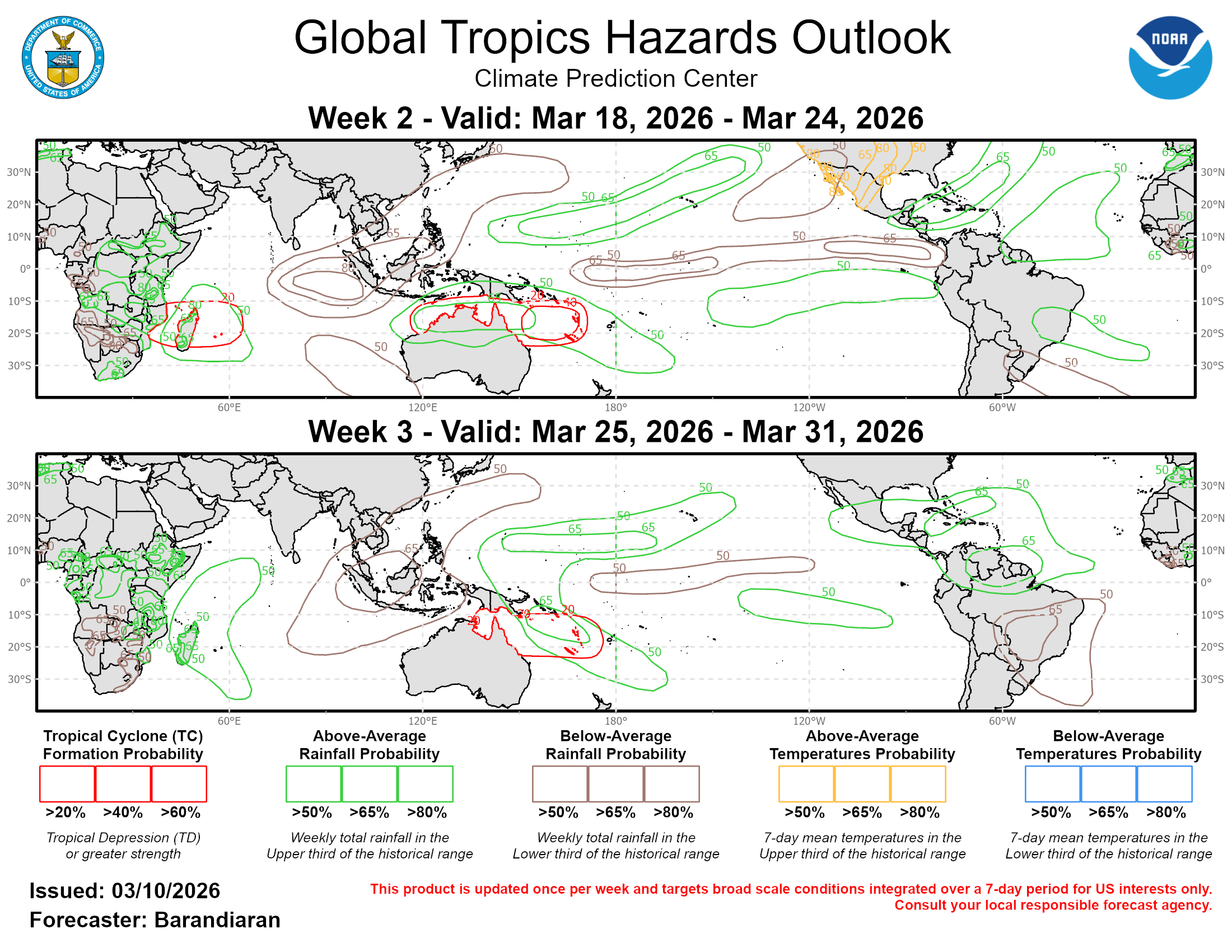The precipitation outlook for weeks 2 and 3 is based on potential TC activity, the anticipated low frequency response, MJO composites, and informed by GEFS, CFS, Canadian, and ECMWF ensemble mean solutions. Above-normal, but non hazardous temperatures are indicated for much of the southern Contiguous U.S. and Mexico during week-2. For hazardous weather conditions in your area during the coming two-week period, please refer to your local NWS office, the Medium Range Hazards Forecast produced by the Weather Prediction Center, and the CPC Week-2 Hazards Outlook. Forecasts made over Africa are made in coordination with the International Desk at CPC.