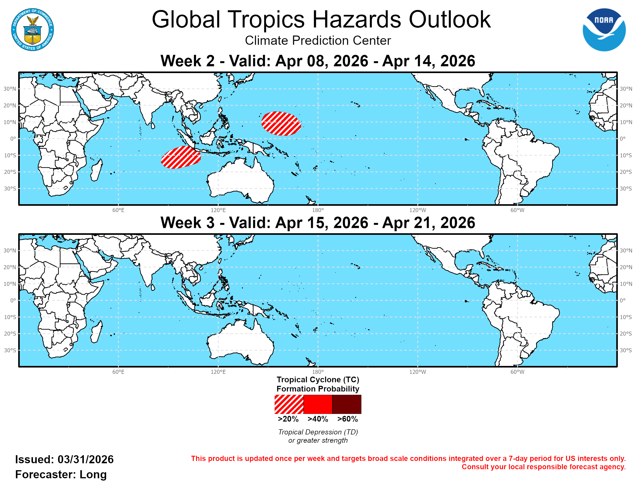 GTH Outlook Discussion Last Updated - 03/31/26 Valid - 04/08/26 - 04/21/26 ﻿Over the past two weeks, the RMM-based Madden-Julian Oscillation (MJO) signal stalled over the Western Hemisphere until recently resuming its propagation eastward and moving into Phase 1 over Africa. This stall in RMM-space can be explained by the 200-mb velocity potential and Outgoing Longwave Radiation (OLR) anomalies which show a breakdown of the wave-1 pattern into a persistent wave-2 pattern which fails to project clearly onto the RMM index. The envelope of enhanced divergence has split into two, with one pocket remaining over the central Pacific and one continuing to propagate eastward, now located over eastern Africa.  Model forecasts over the next few weeks are in fairly good agreement, predicting the two pockets of enhanced divergence merging back into a wave-1 pattern as the signal over Africa continues to move eastward and meets back up with the central Pacific pocket around Week-2. The signal over the central Pacific is also strengthened by both a Kelvin wave and a westward propagating equatorial Rossby wave constructively interfering with the MJO signal during Week-2. The Kelvin wave looks to continue propagating the signal eastward in Week-3. This evolution is less clear in RMM-space, where the models have differing forecasts during Week-1, but as the wave-1 pattern re-emerges, as does the consistency between the models. The RMM-based MJO signal strengthens over the Western Pacific in Week-2 (Phase 6) and moves eastward into the Western Hemisphere in Week-3 (Phases 7 and 8).  Over the past week, no new Tropical Cyclone (TC) formations occurred. However, TC Narelle continued its counter-clockwise trek around Australia. After forming on 17 March in the Coral Sea and making multiple landfalls in Northern Australia as it moved west, TC Narelle reemerged off the Kimberly coast and finally turned south as it re-intensified, making a final landfall near Learmonth on 27 March. During this coming week, the Joint Typhoon Warning Center (JTWC) is watching one area for possible TC development over the central Indian Ocean. Two other areas of possible formation include the South Pacific, from Papua New Guinea to east of the Solomon Islands, and the Western Pacific, west of the Marshall Islands. For further updates on these possible systems, please refer to the JTWC at: https://www.metoc.navy.mil/jtwc/jtwc.html .  The area in the Western Pacific mentioned above, west of the Marshall Islands, has a chance for TC formation either at the end of Week-1 or at the start of Week-2. It is still hard to decipher the exact timing and therefore a 20-40% chance of development is posted for the region in Week-2. Higher probabilities would be forecasted if the timing was more certain. The strong westerly wind burst occurring in the area along with TC genesis composites for an MJO in phase 6 both support formation in the region. Models are also showing increased support for possible cyclogenesis in the eastern Indian Ocean during Week-2. The anomalous westerlies in the area have been growing stronger over the past few days in the models, and Rossby Wave activity in the area may help kick off formation, resulting in a 20-40% chance of development. By Week-3, the Southern Hemisphere quiets down significantly as we enter mid-April, the tail-end of the season for the hemisphere. In the Western Pacific, conditions may continue to support cyclogenesis with continued westerlies in the region, but model support is low and no corresponding genesis area is issued at this time.