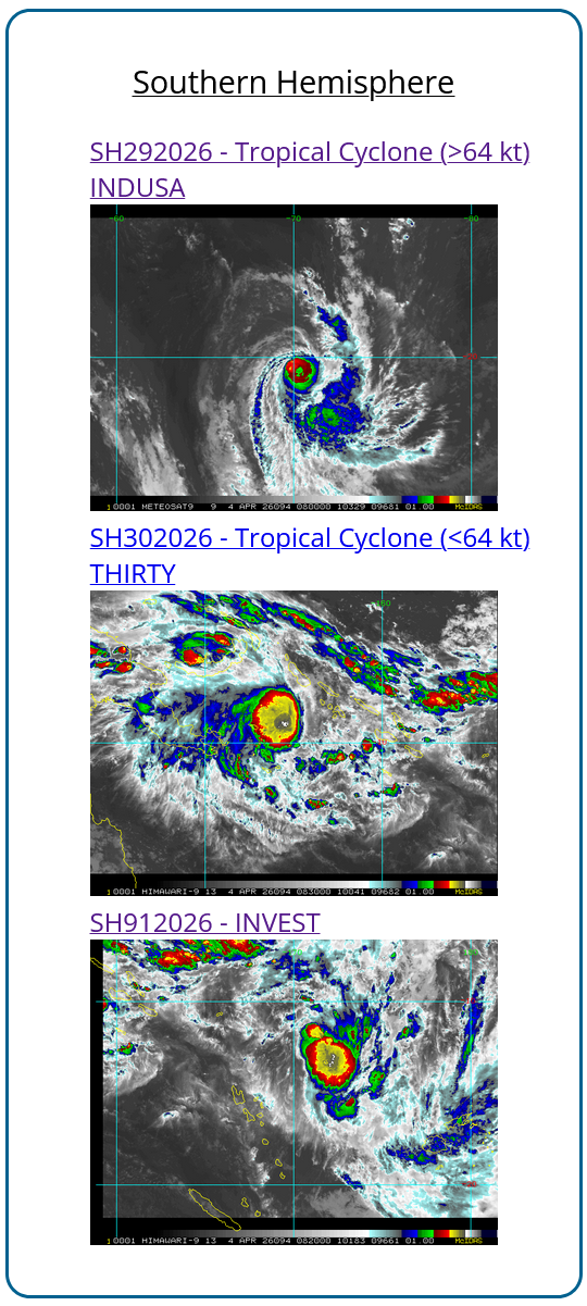 TC 29S (INDUSA) peaks at CAT 2 US//TC 30P very slow moving and intensifying/INVEST 91P medium