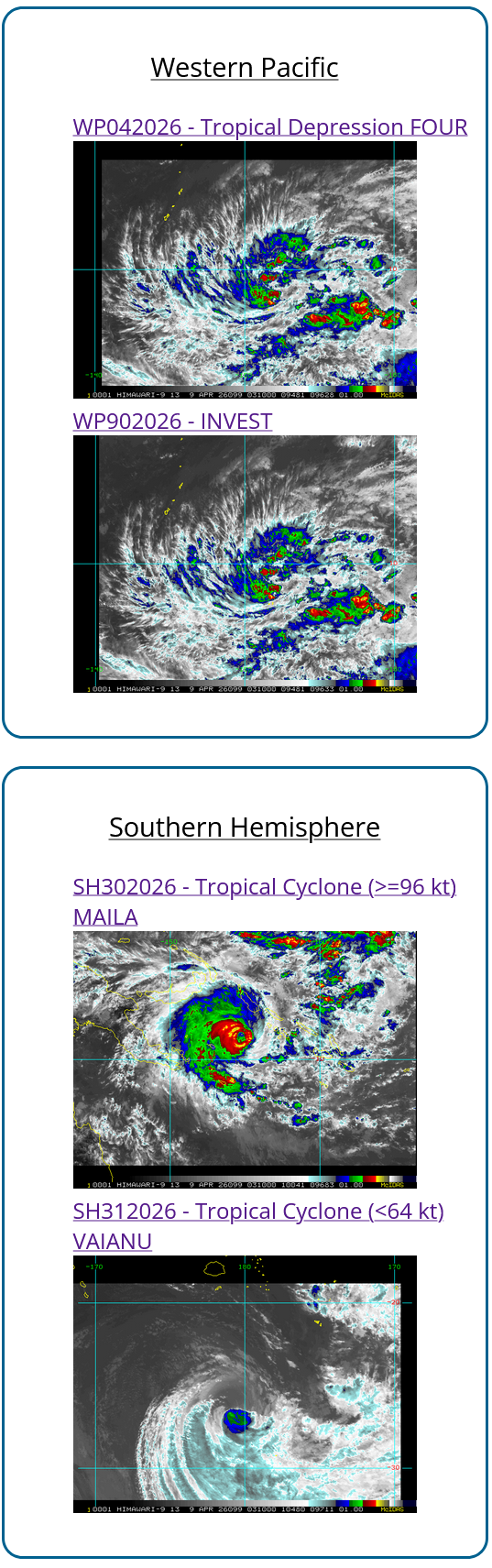 WESTERN PACIFIC: TD 04W intensifying and gradually approaching GUAM// SOUTH PACIFC: TC 30P(MAILA) powerful but very slow moving/31P(VAIANU) now subptropical//090300 UTC