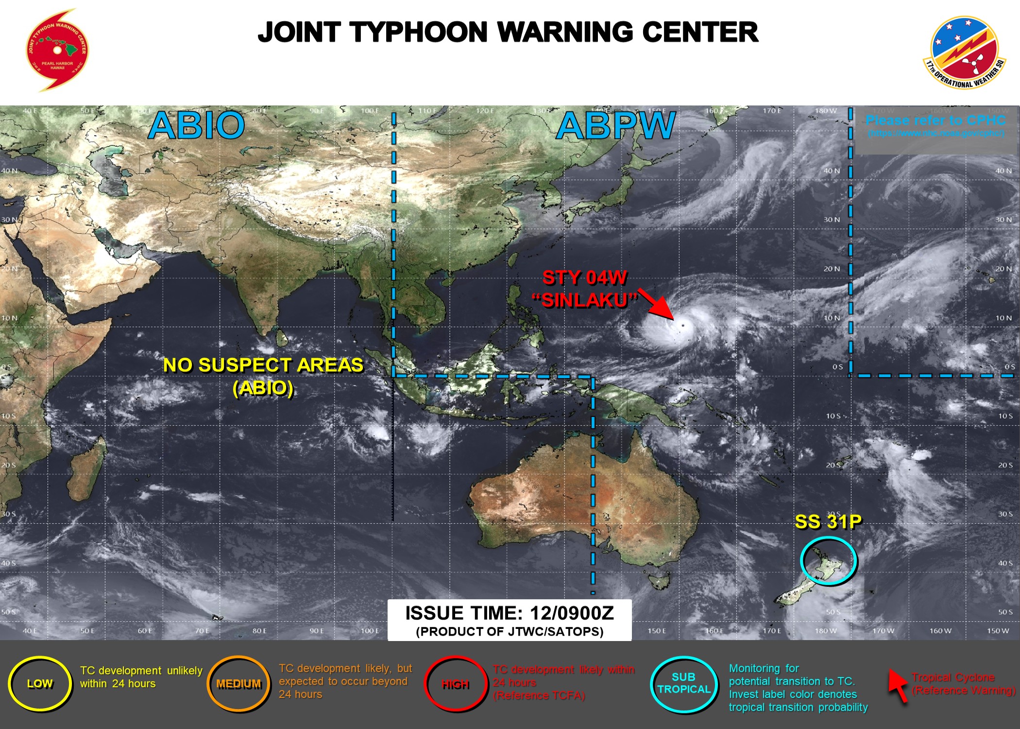 WESTERN PACIFIC: Super Typhoon 04W(SINLAKU) to reach CAT 5 US within 12/18 hours, forecast to track dangerously close to the MARIANA islands by 36/48h/SOUTH PACIFIC: Remnants of TD 30P(MAILA/Subtropical 31P(VAIANU) tracked over NZ//120900 UTC