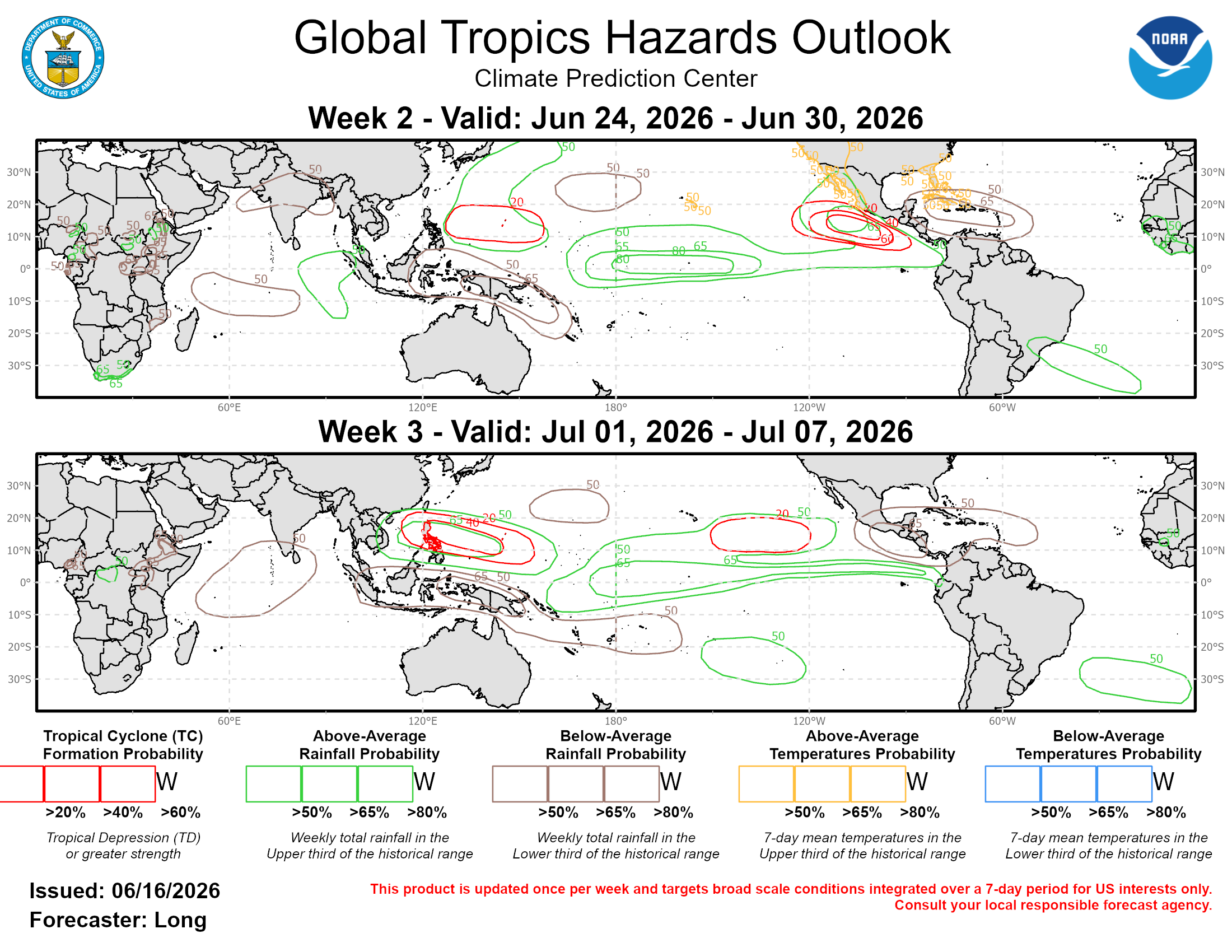 The precipitation outlook for Weeks 2 and 3 is based on the skill weighted consolidated blend of GEFS, CFS, and ECMWF ensemble forecast systems, historical composites during May-Jul for MJO phases 6-7, and the emerging El Nino influence. Below-average rainfall is expected to continue over the Indian Ocean, the Maritime Continent, and the Caribbean Sea. Above-normal rainfall is expected across the equatorial Pacific and the North Western Pacific in association with possible TC activity. In the eastern Pacific, there is also an increased chance for above normal rainfall associated with possible TC activity during Week-2. Increased chances for above-normal temperatures are expected for the western United States and southern Florida during Week-2. For hazardous weather conditions in your area during the next two weeks, please refer to your local NWS office, the Medium Range Hazards Forecast from the Weather Prediction Center (WPC), and the CPC Week-2 Hazards Outlook. Forecasts issued over Africa are made in coordination with the International Desk at CPC.