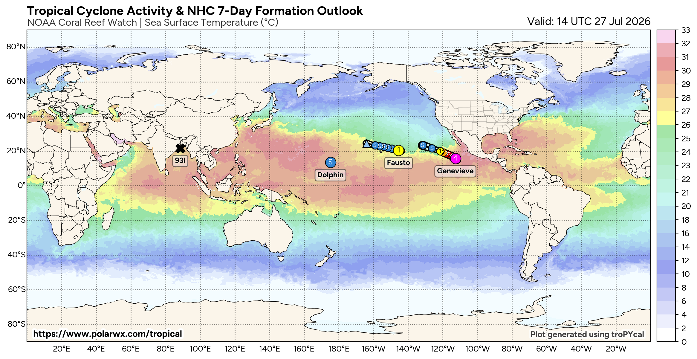 WESTERN PACIFIC: TS 12W(DOLPHIN) forecast to reach Typhoon Intensity within 24 hours and be a Super Typhoon by 60 hours/EASTERN PACIFIC: Hurricane 07E(GENEVIEVE) Extreme Rapid Intensification from CAT 1 US to CAT 5 in 24 hours/27@1630 UTC