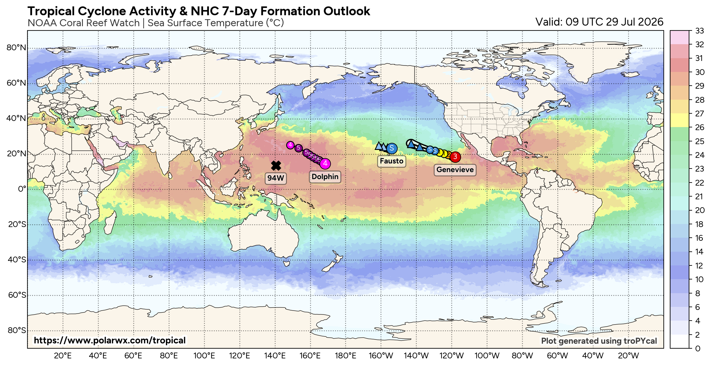 WESTERN PACIFIC: TY 12W(DOLPHIN) CAT 4 US, an ERC momentarily stopped a stunning ERI event of 80kt/24h,CAT 5 forecast within 24h/EASTERN PACIFIC: HU 07E(GENEVIEVE) still powerful//29@1130 UTC