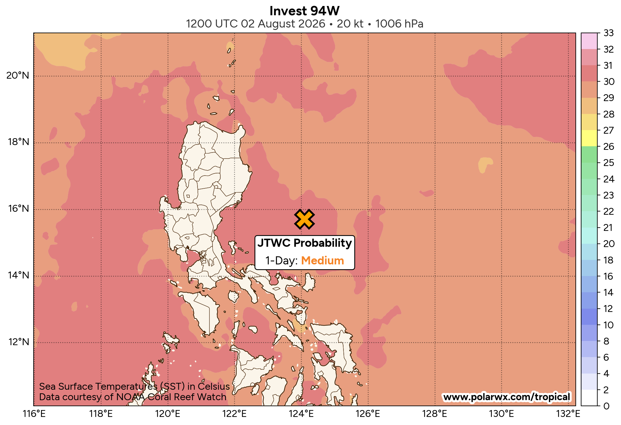 THE AREA OF CONVECTION (INVEST 94W) PREVIOUSLY LOCATED NEAR  14.3N 126.1E IS NOW LOCATED NEAR 15.9N 124.4E, APPROXIMATELY 215 NM  EAST-NORTHEAST OF MANILA. ANIMATED ENHANCED INFRARED IMAGERY (EIR)  DEPICTS DEEP CONVECTION ASSOCIATED WITH A MID-LEVEL CIRCULATION  DISPLACED SOUTHWEST OF THE SLOWLY CONSOLIDATING LOW-LEVEL CIRCULATION  CENTER. ENVIRONMENTAL ANALYSIS FOR THE AREA INDICATES FAVORABLE  CONDITIONS FOR DEVELOPMENT WITH WARM SEA SURFACE TEMPERATURES (29-30 C),  LOW VERTICAL WIND SHEAR (10-15 KTS), AND GOOD EQUATORWARD OUTFLOW ALOFT.  THE ECMWF DETERMINISTIC MODEL DEPICTS GRADUAL DEVELOPMENT OF 94W INTO A  TROPICAL DEPRESSION OR WEAK TROPICAL STORM OVER THE NEXT 36 HOURS. THE  ECENS AND DEEPMIND ENSEMBLES CONCUR ON A SLOW TO QUASI-STATIONARY MOTION  NEAR SOUTHERN LUZON AND POSSIBLE INTERACTION WITH TY 12W IN A COUPLE OF  DAYS. MAXIMUM SUSTAINED SURFACE WINDS ARE ESTIMATED AT 15 TO 20 KNOTS.  MINIMUM SEA LEVEL PRESSURE IS ESTIMATED TO BE NEAR 1005 MB. THE  POTENTIAL FOR THE DEVELOPMENT OF A SIGNIFICANT TROPICAL CYCLONE WITHIN  THE NEXT 24 HOURS REMAINS MEDIUM.