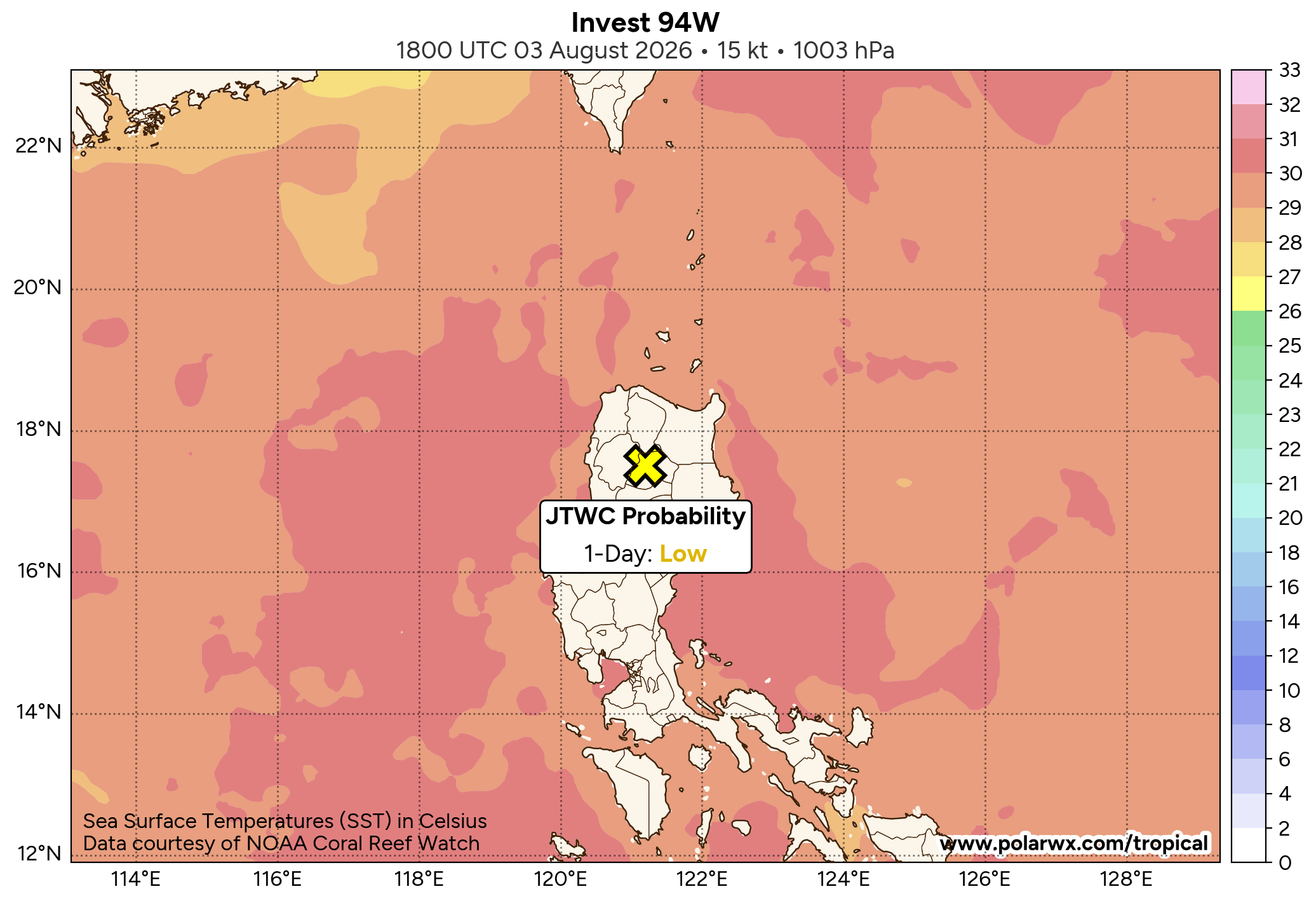 THE AREA OF CONVECTION (INVEST 94W) PREVIOUSLY LOCATED NEAR  15.9N 124.4E IS NOW LOCATED NEAR 17.7N 121.8E, APPROXIMATELY 40 NM  SOUTH-SOUTHEAST OF APARRI. ANIMATED MULTISPECTRAL SATELLITE IMAGERY  (MSI) REVEALS AN OBSCURED LOW LEVEL CIRCULATION CENTER (LLCC) THAT  TRACKED UNDER DEEP CONVECTION AFTER IT MADE LANDFALL IN LUZON.  ENVIRONMENTAL ANALYSIS REVEALS HIGHLY UNFAVORABLE CONDITIONS FOR  TROPICAL CYCLONE DEVELOPMENT CHARACTERIZED BY LAND INTERACTION, HIGH  VERTICAL WIND SHEAR (30+ KNOTS) AND SIGNIFICANT DRY AIR ALONG THE  EASTERN PERIPHERY, AS WELL AS ELEVATED GRADIENT FLOW TO THE SOUTH  CAUSED BY INFLOW INTO TYPHOON 12W (DOLPHIN) AND ELEVEATED GRADIENT  FLOW TO THE WEST FROM FUNNELING EFFECTS IN THE LUZON STRAIT. MAXIMUM  SUSTAINED SURFACE WINDS ARE ESTIMATED AT 12 TO 18 KNOTS. MINIMUM SEA  LEVEL PRESSURE IS ESTIMATED TO BE NEAR 1003 MB. THE POTENTIAL FOR THE  DEVELOPMENT OF A SIGNIFICANT TROPICAL CYCLONE WITHIN THE NEXT 24 HOURS  IS DOWNGRADED TO LOW. SEE REF B (WTPN21 PGTW 021930) FOR FURTHER  DETAILS.