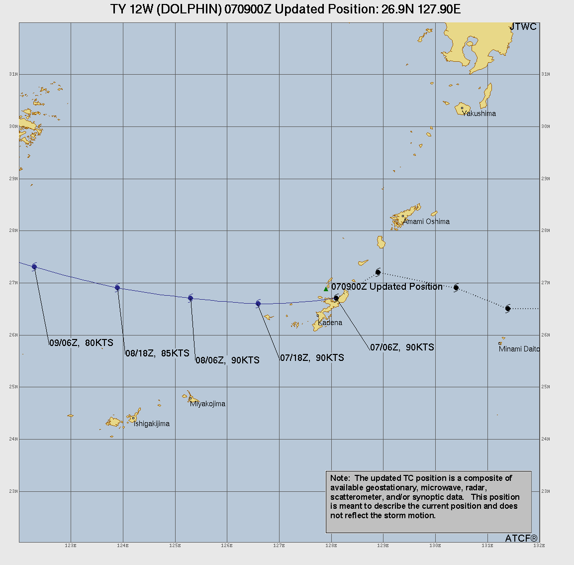 WESTERN PACIFIC: TY 12W(DOLPHIN) CAT 2 US, the pinhole eye scrapes the coast of NW OKINAWA,landfall in CHINA forecast in approx 60h/TS 14W(CHAN HOM)/Invests 97W & 98W//07@1030 UTC