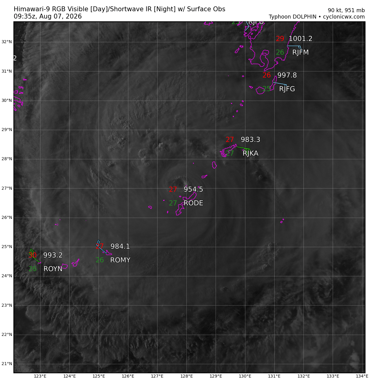 WESTERN PACIFIC: TY 12W(DOLPHIN) CAT 2 US, the pinhole eye scrapes the coast of NW OKINAWA,landfall in CHINA forecast in approx 60h/TS 14W(CHAN HOM)/Invests 97W & 98W//07@1030 UTC