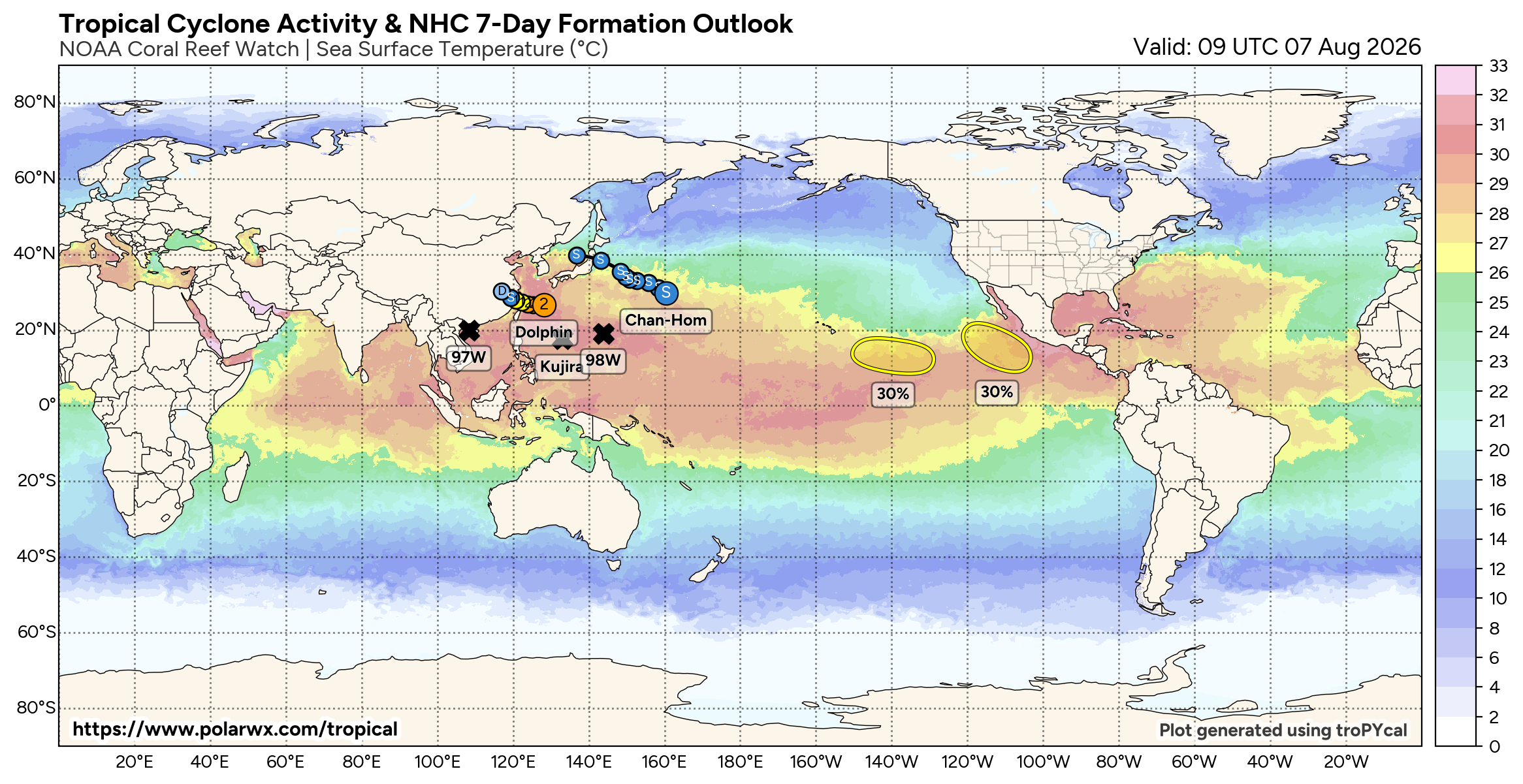 WESTERN PACIFIC: TY 12W(DOLPHIN) CAT 2 US, the pinhole eye scrapes the coast of NW OKINAWA,landfall in CHINA forecast in approx 60h/TS 14W(CHAN HOM)/Invests 97W & 98W//07@1030 UTC