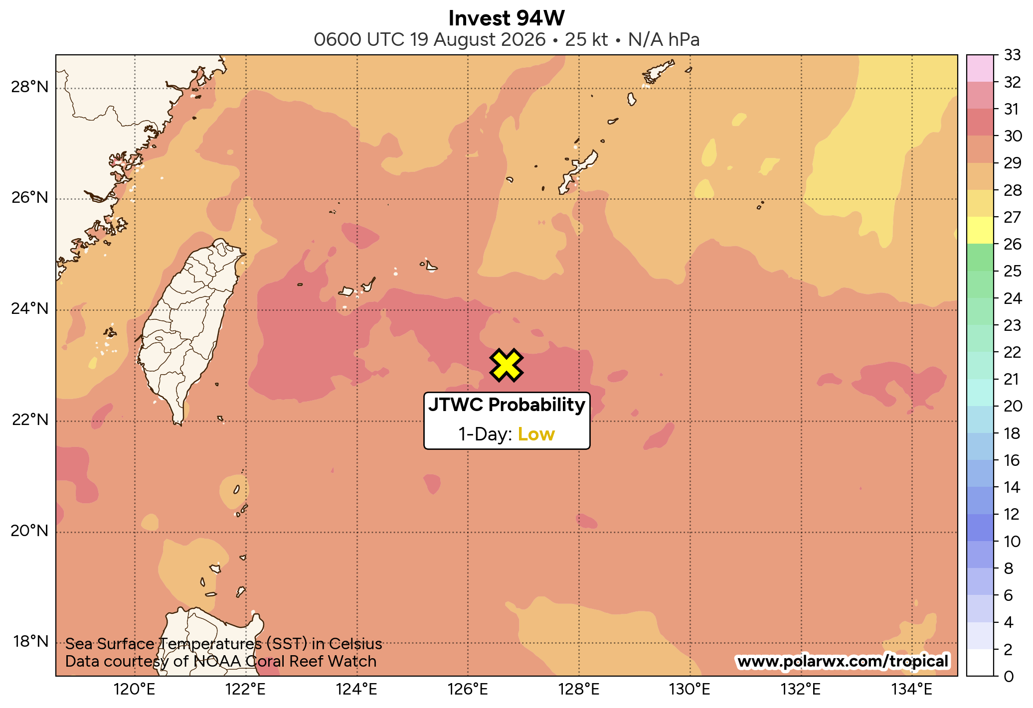 THE AREA OF CONVECTION (INVEST 94W) PREVIOUSLY LOCATED NEAR  19.5N 117.2E IS NOW LOCATED NEAR 22.5N 128.3E, APPROXIMATELY 229 NM  SOUTH OF KADENA. THE SYSTEM IS CURRENTLY CLASSIFIED AS A MONSOON  DEPRESSION, GENERALLY CHARACTERIZED AS A LARGE CYCLONIC CIRCULATION,  GREATER THAN 600 NM DIAMETER, WITH ENHANCED WINDS OVER THE  SOUTHEASTERN PERIPHERY AND A WEAK CORE OF LIGHT WINDS. ANIMATED  MULTISPECTRAL SATELLITE IMAGERY (MSI) DEPICTS A BROAD CIRCULATION  CENTER, WITH MULTIPLE AREAS OF TURNING EMBEDDED WITHIN THE LLCC.  ENVIRONMENTAL ANALYSIS REVEALS FAVORABLE CONDITIONS FOR DEVELOPMENT  WITH LOW (10 TO 15KTS) VERTICAL WIND SHEAR, MODERATE UPPER-LEVEL  EQUATORWARD OUTFLOW, AND WARM (29 TO 30 C) SEA SURFACE TEMPERATURES.  GLOBAL MODELS DEPICT AN AREA OF BROAD TROUGHING THAT IS UNLIKELY TO  TRANSITION INTO A CONSOLIDATED TROPICAL CYCLONE. MAXIMUM SUSTAINED  SURFACE WINDS ARE ESTIMATED AT 20 TO 25 KNOTS. FOR HAZARDS AND  WARNINGS, REFERENCE THE FLEET WEATHER CENTER SAN DIEGO HIGH WINDS AND  SEAS PRODUCT OR REFER TO LOCAL WMO DESIGNATED FORECAST AUTHORITY.  MAXIMUM SUSTAINED SURFACE WINDS ARE ESTIMATED AT 28 TO 32 KNOTS.  MINIMUM SEA LEVEL PRESSURE IS ESTIMATED TO BE NEAR 1002 MB. THE  POTENTIAL FOR THE DEVELOPMENT OF A SIGNIFICANT TROPICAL CYCLONE WITHIN  THE NEXT 24 HOURS REMAINS LOW.