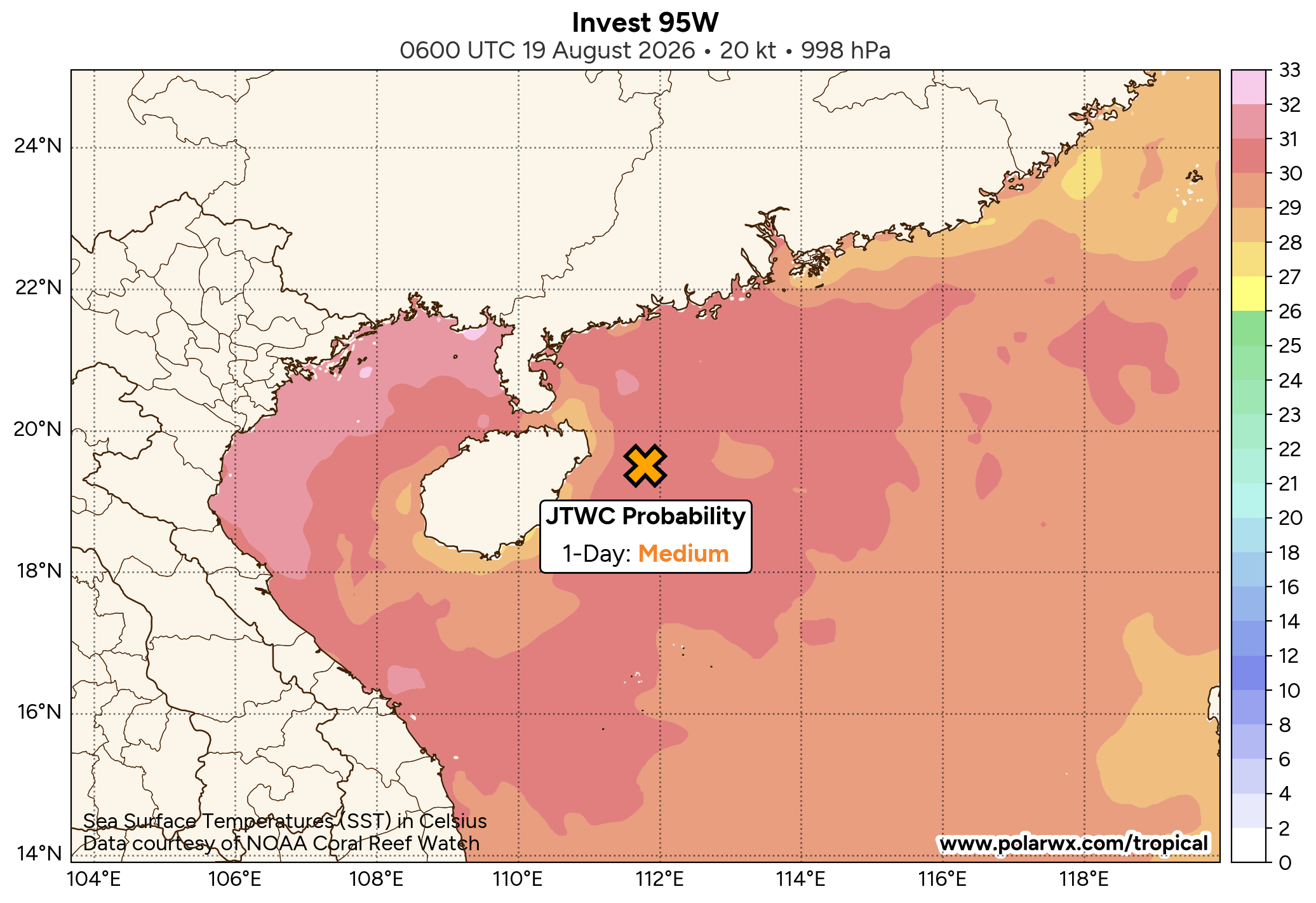 THE AREA OF CONVECTION (INVEST 95W) PREVIOUSLY LOCATED NEAR  19.5N 117.2E IS NOW LOCATED NEAR 19.0N 114.2E, APPROXIMATELY 195 NM  SOUTH OF HONG KONG. ANIMATED MULTISPECTRAL SATELLITE IMAGERY (MSI)  DEPICTS A BROAD AND ELONGATED LOW-LEVEL CIRCULATION (LLC) THAT HAS  BEEN CONSOLIDATING OVER THE LAST 6-12 HOURS. A 190155Z METOP-B ASCAT  PASS REVEALS A BROAD CIRCULATION EMBEDDED WITHIN A TROUGH EAST OF  HAINAN. ENVIRONMENTAL ANALYSIS REVEALS MARGINAL TO FAVORABLE  CONDITIONS FOR DEVELOPMENT WITH MODERATE VERTICAL WIND SHEAR (15 TO  20KTS) AND MODERATE EQUATORWARD OUTFLOW, HOWEVER, IT IS OFFSET BY WARM  (29 TO 30 C) SEA SURFACE TEMPERATURES WHICH ARE CONDUCIVE FOR STRONGER  DEVELOPMENT. GLOBAL MODELS INDICATE THAT 95W WILL GRADUALLY INTENSIFY  AND CONSOLIDATE IN THE SOUTH CHINA SEA. ENSEMBLE MODELS ALSO SHOW  FURTHER DEVELOPMENT AND A GENERAL WESTWARD TRACK TOWARDS HAINAN OVER  THE NEXT 36-48 HOURS. MAXIMUM SUSTAINED SURFACE WINDS ARE ESTIMATED AT  18 TO 23 KNOTS. MINIMUM SEA LEVEL PRESSURE IS ESTIMATED TO BE NEAR  1000 MB. THE POTENTIAL FOR THE DEVELOPMENT OF A SIGNIFICANT TROPICAL  CYCLONE WITHIN THE NEXT 24 HOURS REMAINS MEDIUM.