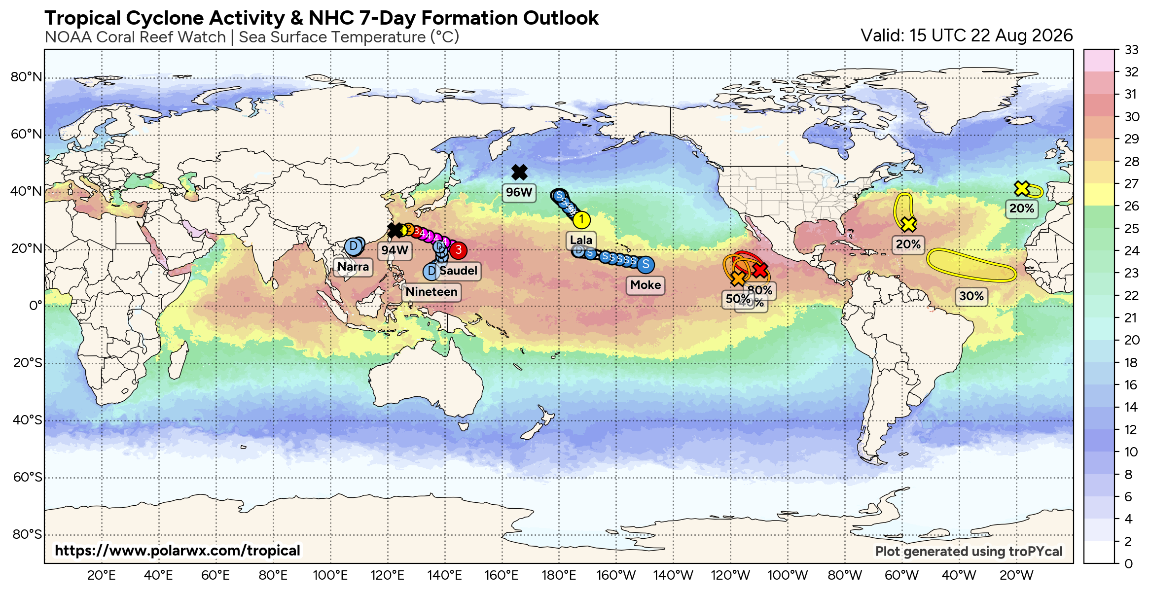 WESTERN PACIFIC:TY 17W(SAUDEL) CAT 3 US,RI past 24 hours,forecast to peak at Super Typhoon Intensity by 36h/TS 18W(NARRA)/Invest 94W/CENTRAL PACIFIC:TD 19W/94W/CENTRAL PACIFIC:HU 01C(LALA) /TS 02C(MOKE)//22@1630 UTC