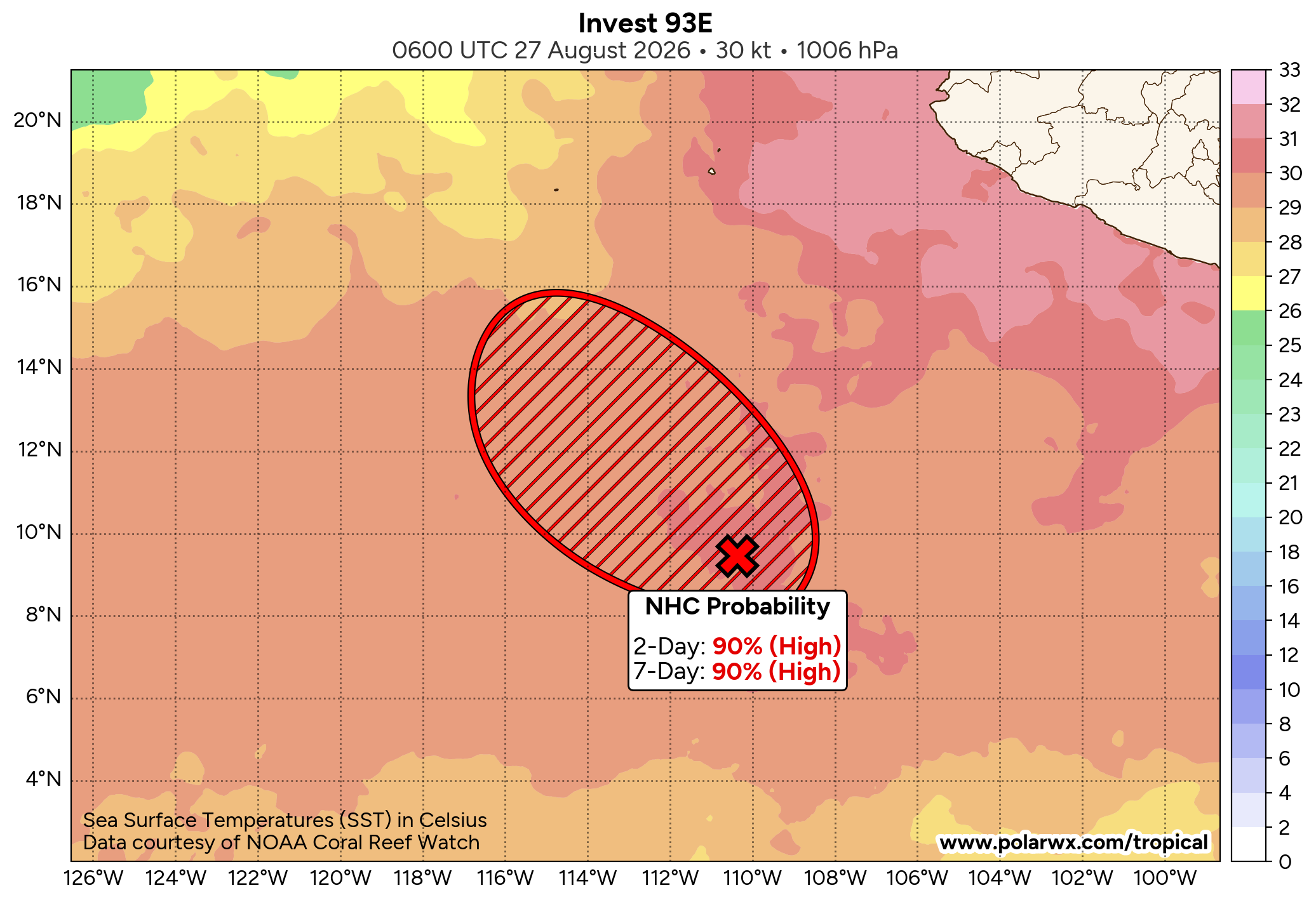 WTPN21 PHNC 270430 MSGID/GENADMIN/JOINT TYPHOON WRNCEN PEARL HARBOR HI// SUBJ/TROPICAL CYCLONE FORMATION ALERT (INVEST 93E) REISSUED// REF/A/JOINT TYPHOON WRNCEN PEARL HARBOR HI/260430Z AUG 26// AMPN/REF IS TROPICAL CYCLONE FORMATION ALERT.// RMKS/ 1. FORMATION OF A SIGNIFICANT TROPICAL CYCLONE IS POSSIBLE WITHIN 120 NM EITHER SIDE OF A LINE FROM 9.3N 107.3W TO 13.9N 113.3W WITHIN THE NEXT 12 TO 24 HOURS. AVAILABLE DATA DOES NOT JUSTIFY ISSUANCE OF NUMBERED TROPICAL CYCLONE WARNINGS AT THIS TIME. WINDS IN THE AREA ARE ESTIMATED TO BE 22 TO 27 KNOTS. METSAT IMAGERY AT 270000Z INDICATES THAT A CIRCULATION CENTER IS LOCATED NEAR 9.5N 107.5W. THE SYSTEM IS MOVING NORTHWESTWARD AT 04 KNOTS. 2. REMARKS: THE AREA OF CONVECTION (INVEST 93E) PREVIOUSLY LOCATED   NEAR 6.0N 109.0W IS NOW LOCATED NEAR 9.5N 107.5E, APPROXIMATELY   590NM SOUTH-SOUTHEAST OF SOCCORO. ANIMATED ENHANCED INFRARED (EIR)  SATELLITE IMAGERY DEPICTS A CONSOLIDATING, ELONGATED LOW LEVEL  CIRCULATION (LLC) WITH CONVECTION ALONG ITS NORTHEASTERN PERIPHERY.  ENVIRONMENTAL ANALYSIS REVEALS FAVORABLE CONDITIONS FOR DEVELOPMENT LOW  TO MODERATE VERTICAL WIND SHEAR (15-20KTS), WARM SEA SURFACE  TEMPERATURES (29-30 C), GLOBAL MODELS ARE IN AGREEMENT THAT INVEST 93E  WILL CONTINUE TO DEVELOP OVER THE NEXT 24 TO 36 HOURS AND TAKE A GENERAL  WEST-NORTHWESTWARD TRACK. ENSEMBLE MEMBERS ALSO AGREE ON IT TAKING A  GENERALLY SIMILAR TRACK AND FOR INVEST 93E TO REACH TROPICAL STORM  STRENGTH IN THE NEXT 24 HOURS. MAXIMUM SUSTAINED SURFACE WINDS ARE  ESTIMATED AT 22 TO 27 KNOTS. MINIMUM SEA LEVEL PRESSURE IS ESTIMATED TO  BE NEAR 1006 MB. THE POTENTIAL FOR THE DEVELOPMENT OF A SIGNIFICANT  TROPICAL CYCLONE WITHIN THE NEXT 24 HOURS REMAINS HIGH. THIS SUPERSEDES  REF A (WTPN21 PGTW 260430) 3. THIS ALERT WILL BE REISSUED, UPGRADED TO WARNING OR CANCELLED BY  280500Z.// NNNN