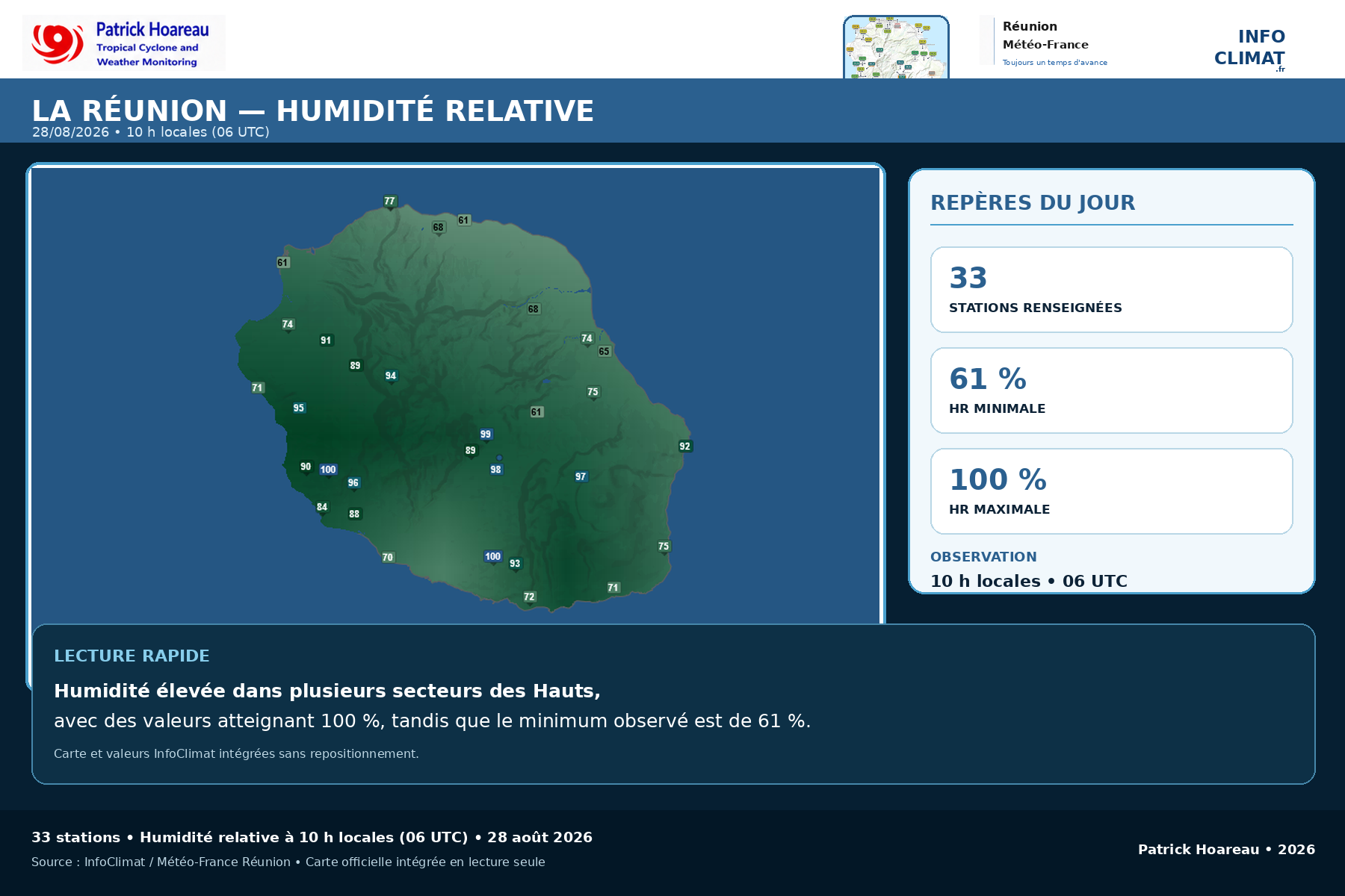 ILES SOEURS: Maurice/Réunion/Rodrigues/Agaléga/Tromelin: relevés climatologiques du 28/08/26