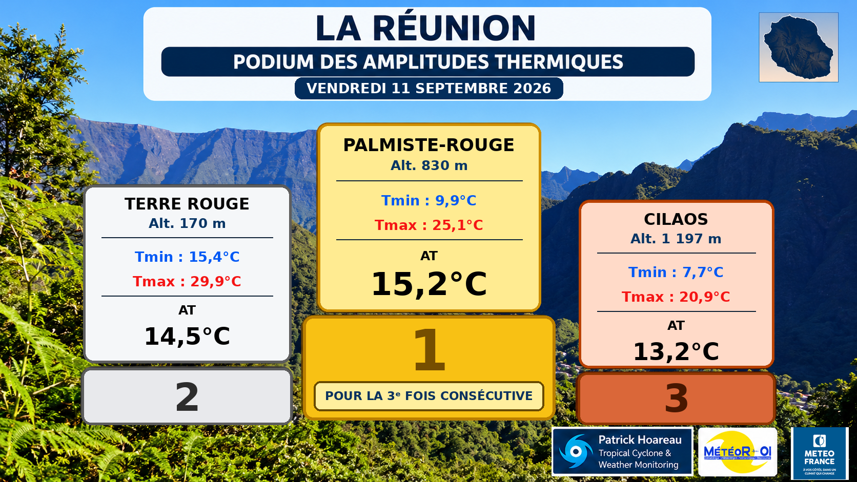 ILES SOEURS: Maurice/Réunion/Rodrigues/Agaléga/Tromelin: relevés climatologiques du 11/09/26