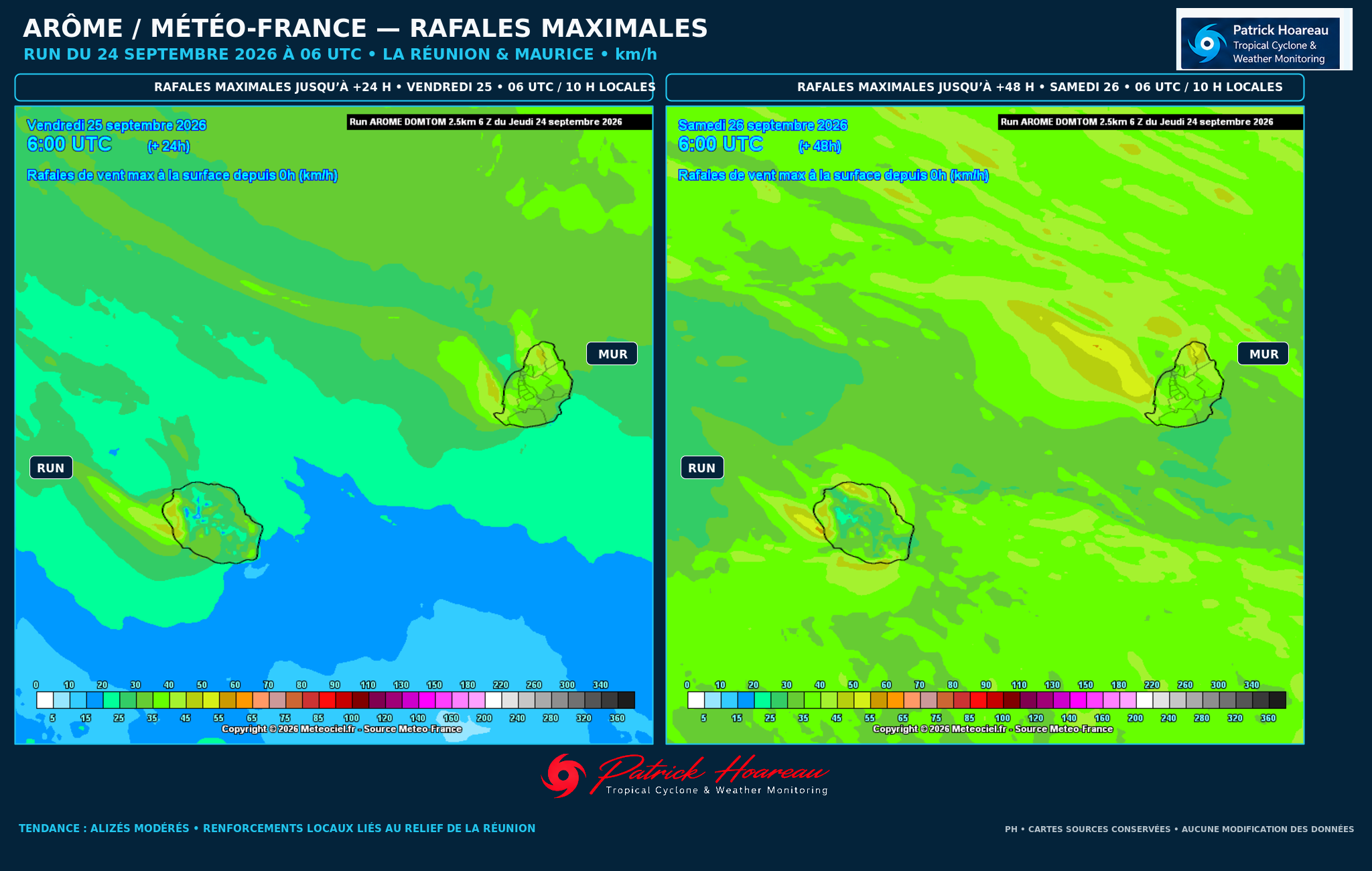 ILES SOEURS: Maurice/Réunion: tendances météo des prochaines 36h , 24/09/2026