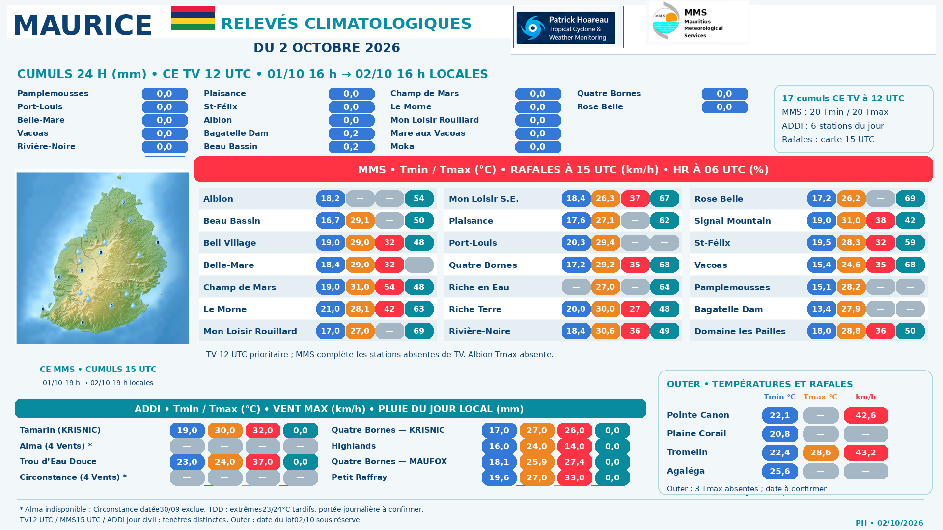 ILES SOEURS: Maurice/Réunion/Rodrigues/Agaléga/Tromelin: relevés & analyses climatologiques du 02/10/26