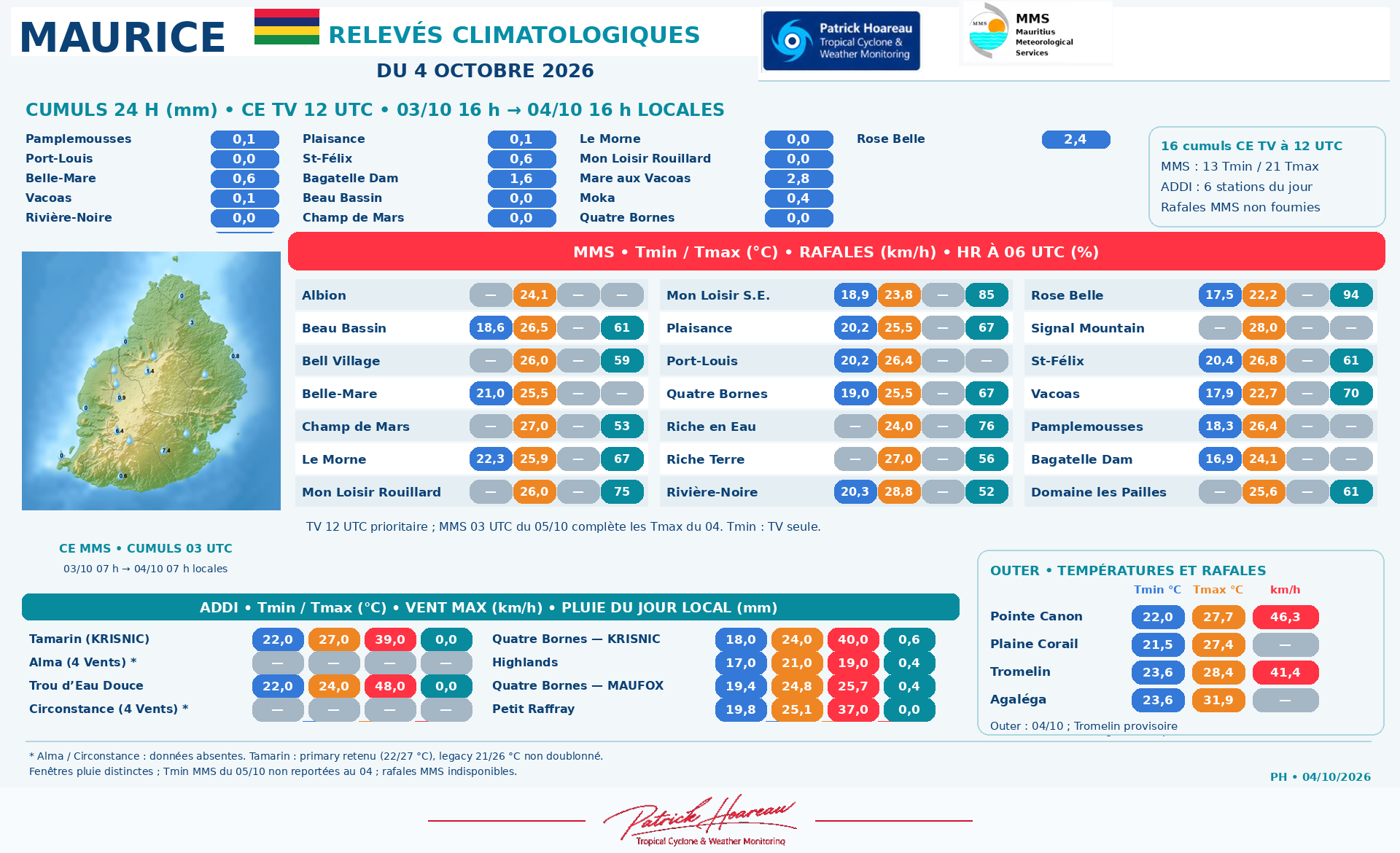 ILES SOEURS: Maurice/Réunion/Rodrigues/Agaléga/Tromelin: relevés & analyses climatologiques du 04/10/26