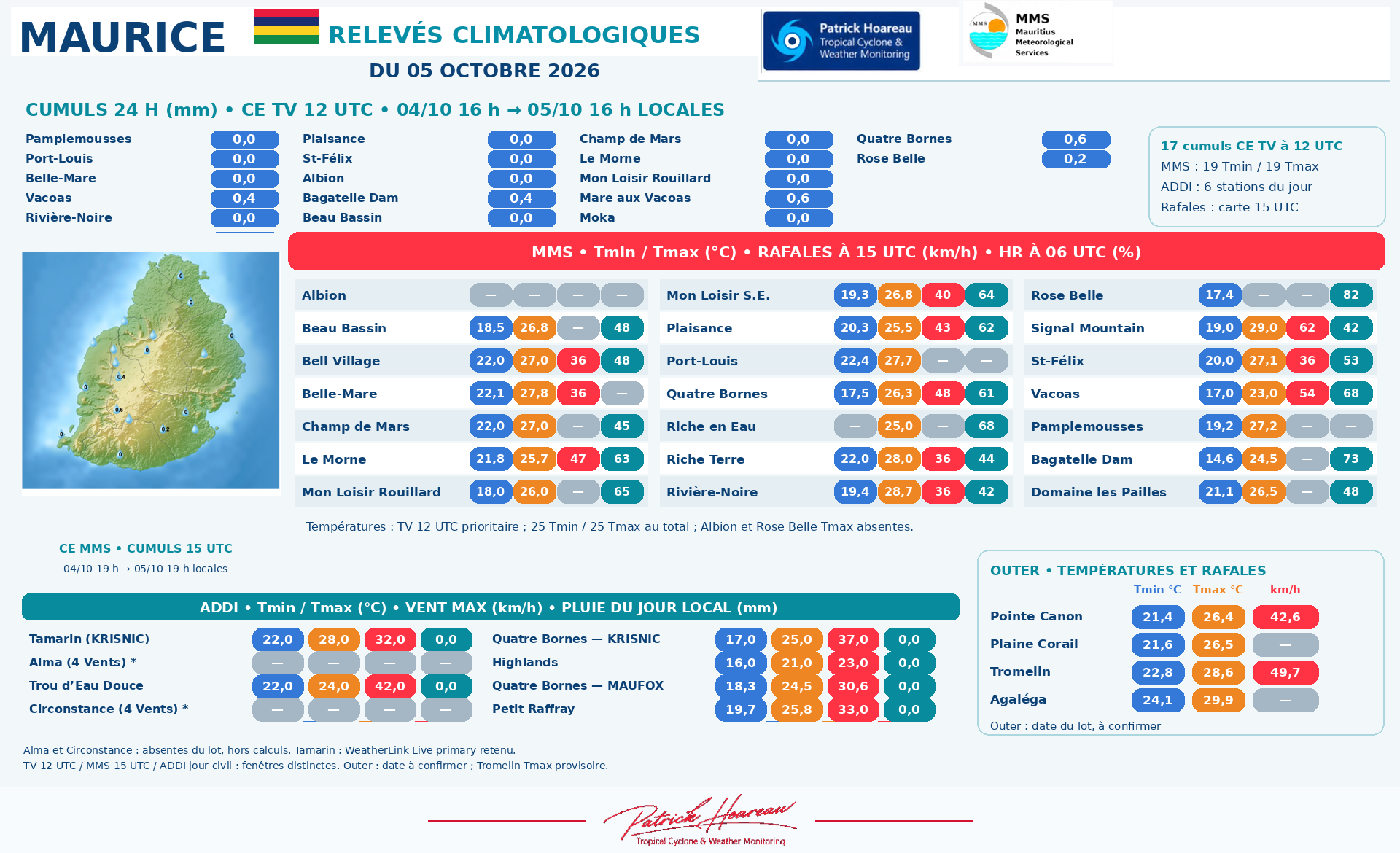 ILES SOEURS: Maurice/Réunion/Rodrigues/Agaléga/Tromelin: relevés & analyses climatologiques du 05/10/26