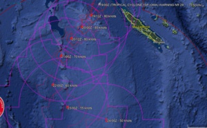 Cyclone OMA(15P), Category 1US, tracking 130km west of the Belep islands where 140km/h gusts are reported