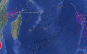 03UTC: TC KENNETH(24S) intensifying and potential direct threat to Grande Comore. TC LORNA(25S) over open seas