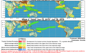 Possible areas of tropical cyclone formation: week 1: Bay of Campeche, Arabian Sea. Week 2: Bay of Bengal