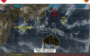 Invest 93W east of Guam: LOW.  Mitag(19W): JMV File. Peak intensity was 90kts(cat 2)