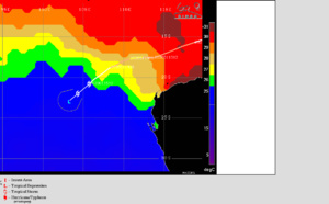 07S(CLAUDIA) close to minimal cyclone intensity, tracking over cool SSTs