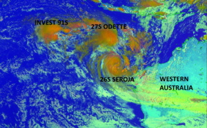 SIndian: 27S(ODETTE) rotates around 26S(SEROJA) which will absorb it by 48hours while intensifying. Invests 91S and 92P still monitored closely, 09/09utc update