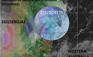 27S(ODETTE) being absorbed in 26S(SEROJA). 26S will be approaching Geraldton(WA) after 24hours. Invest 92P: 30knot system, 10/03utc update