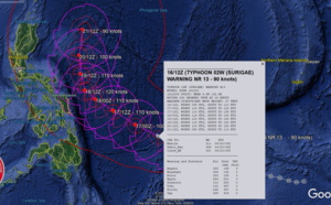 Western North Pacific: TY 02W(SURIGAE) now a CAT2(90knots), forecast to peak at 120knots(CAT 4) by 48h,low confidence in the track forecast after 72h,16/15utc update