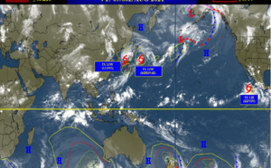 Western Pacific: 13W(LUPIT) and 14W(MIRINAE) moving to higher latitudes// 11E(KEVIN) forecast to reach Hurricane/Cat1 by 36h, 08/03utc updates