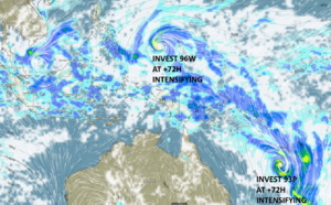 96W up-graded to MEDIUM, development likely next 48hours// 93P: 30knots gradually intensifying//95S and remnants of TC 02S, 11/03utc updates
