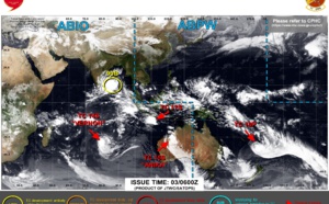 Busy map: TC 14S(VERNON)peaking within 12h//over-land TC 15S(ANIKA)//TC 17S final warning//TC 18P peaking within 12h//Invest 90B, 03/03utc