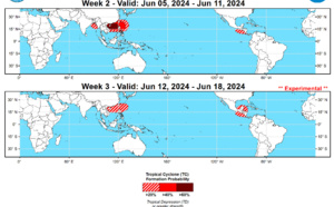 Typhoon 01W(EWINIAR) peaked at 95 Knots/CAT 2 US// ECMWF 10 Day Storm Tracks// 3 Week TC Formation Probability//2909utc